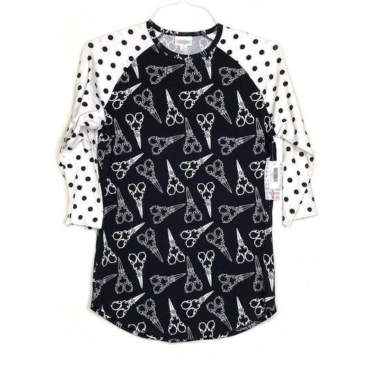 LuLaRoe Womens S Black/White Randy Shears/Polka Dots Raglan T-Shirt ¾ Sleeves NWT