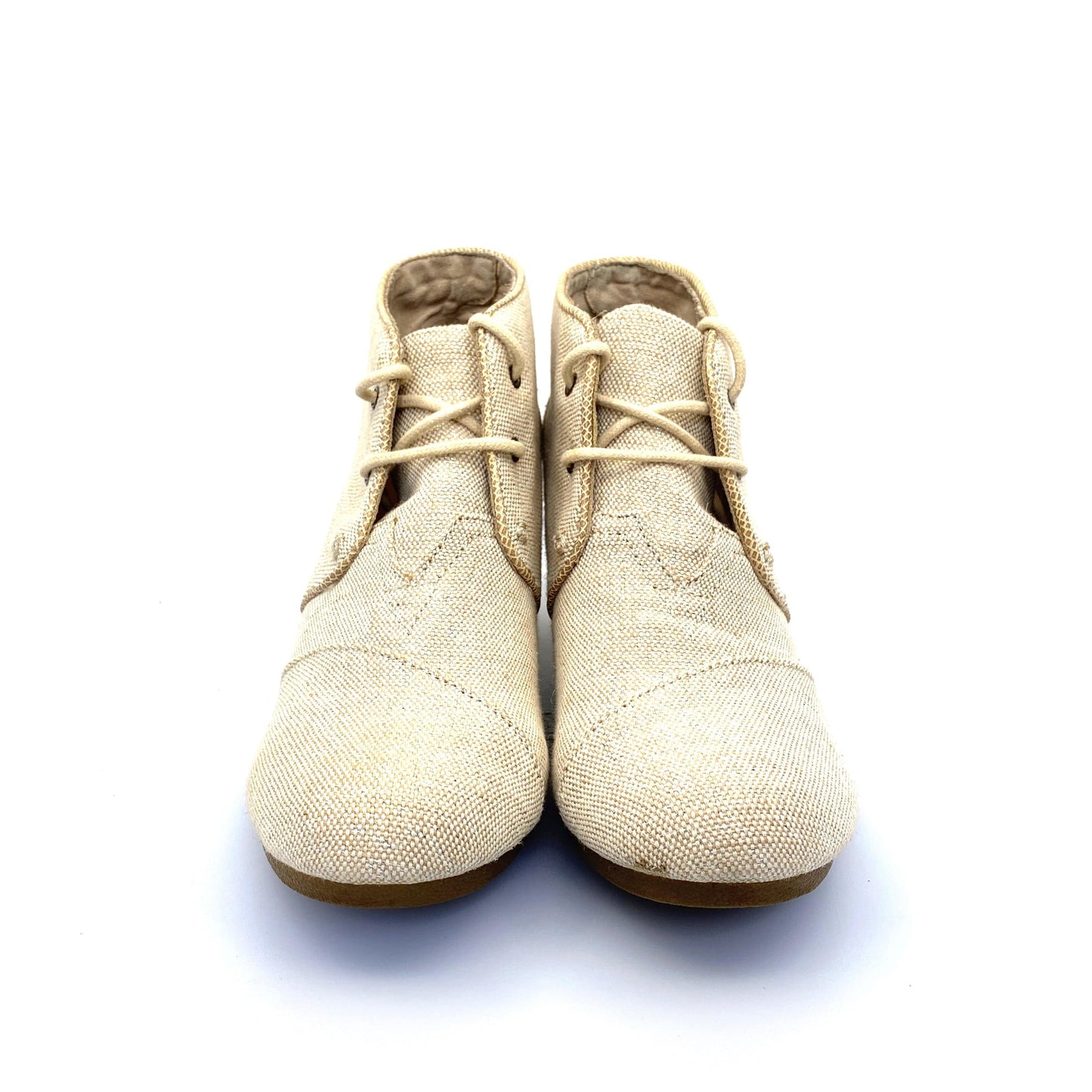 Toms Womens Desert Wedge Ankle Bootie Silver-Beige Canvas Cork Lace-Up