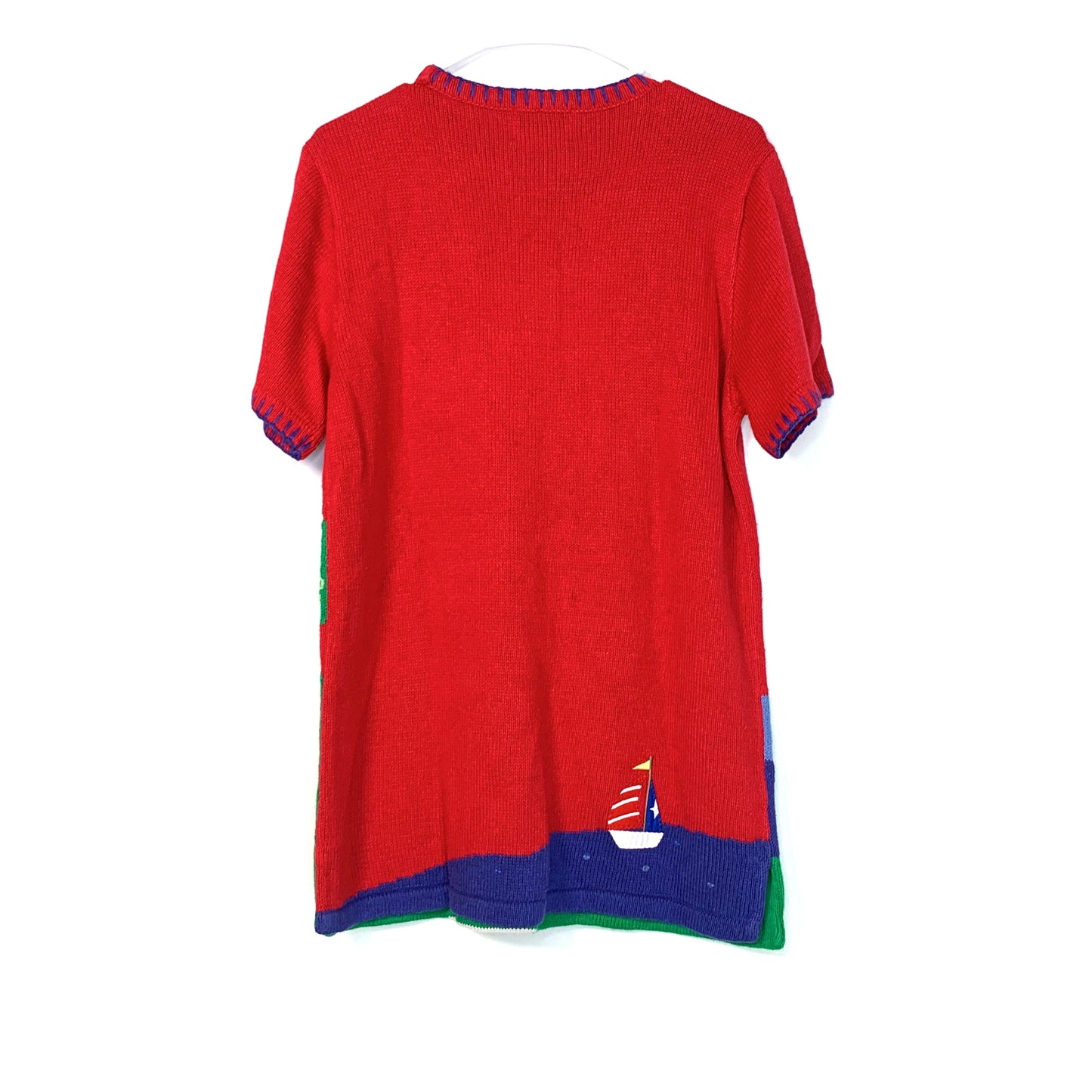 The Quacker Factory Womens Size Small Short Sleeve Sweater Shirt Red Lighthouse Sailboat Pre-Owned