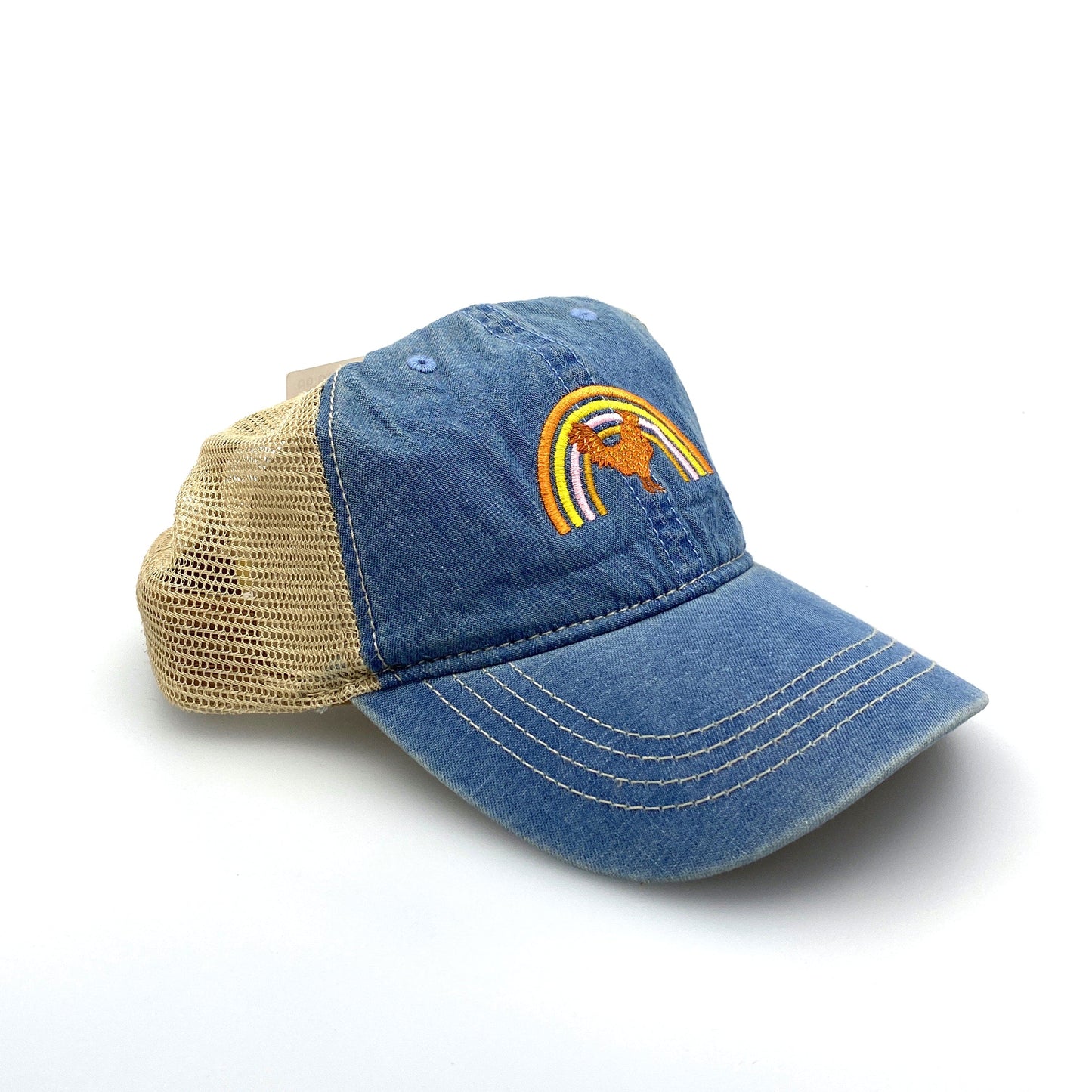Womens Blue Denim Rooster & Rainbow Embroidered SnapBack Hat OSFM