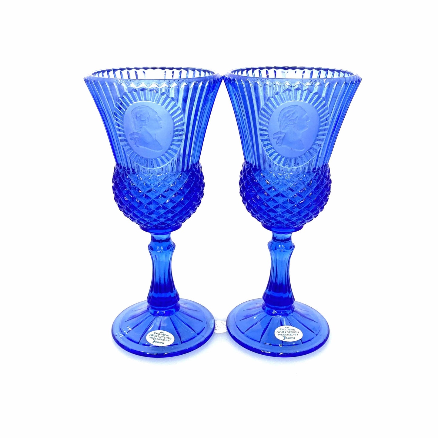 Vintage Avon by Fostoria 8” Glass Candle Holder Cobalt Blue MARTHA & GEORGE WASHINGTON 1976, Set of 2