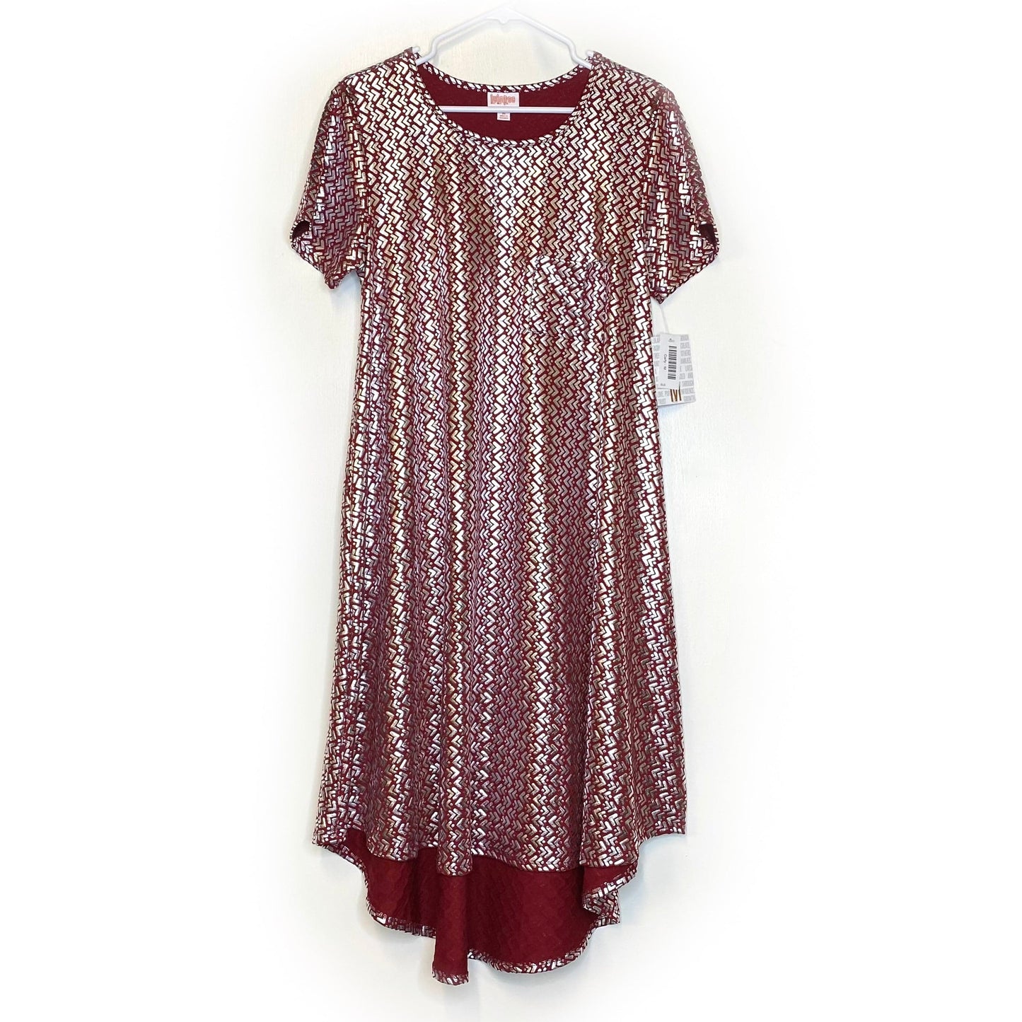 LuLaRoe Womens M ELEGANT Shiny Silver/Red Carly Chevron Swing S/s NWT