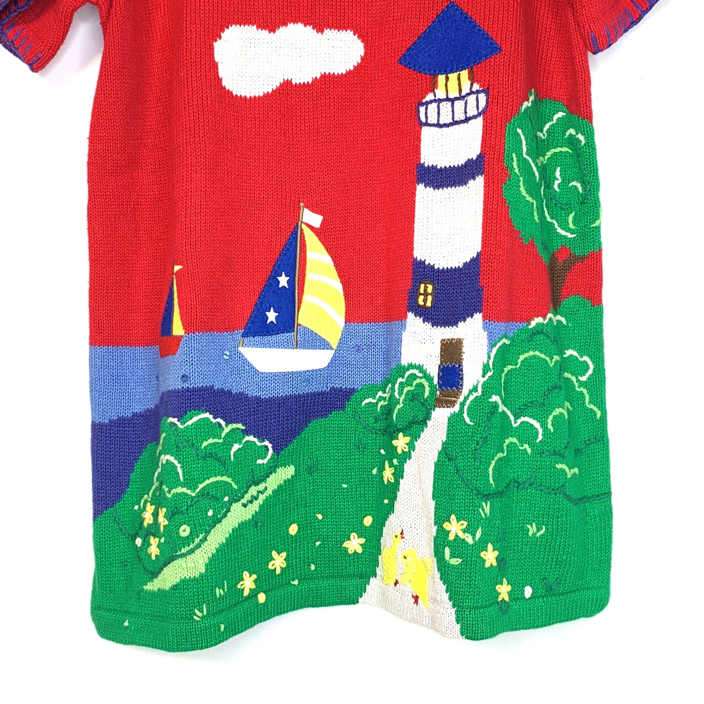 The Quacker Factory Womens Size Small Short Sleeve Sweater Shirt Red Lighthouse Sailboat Pre-Owned