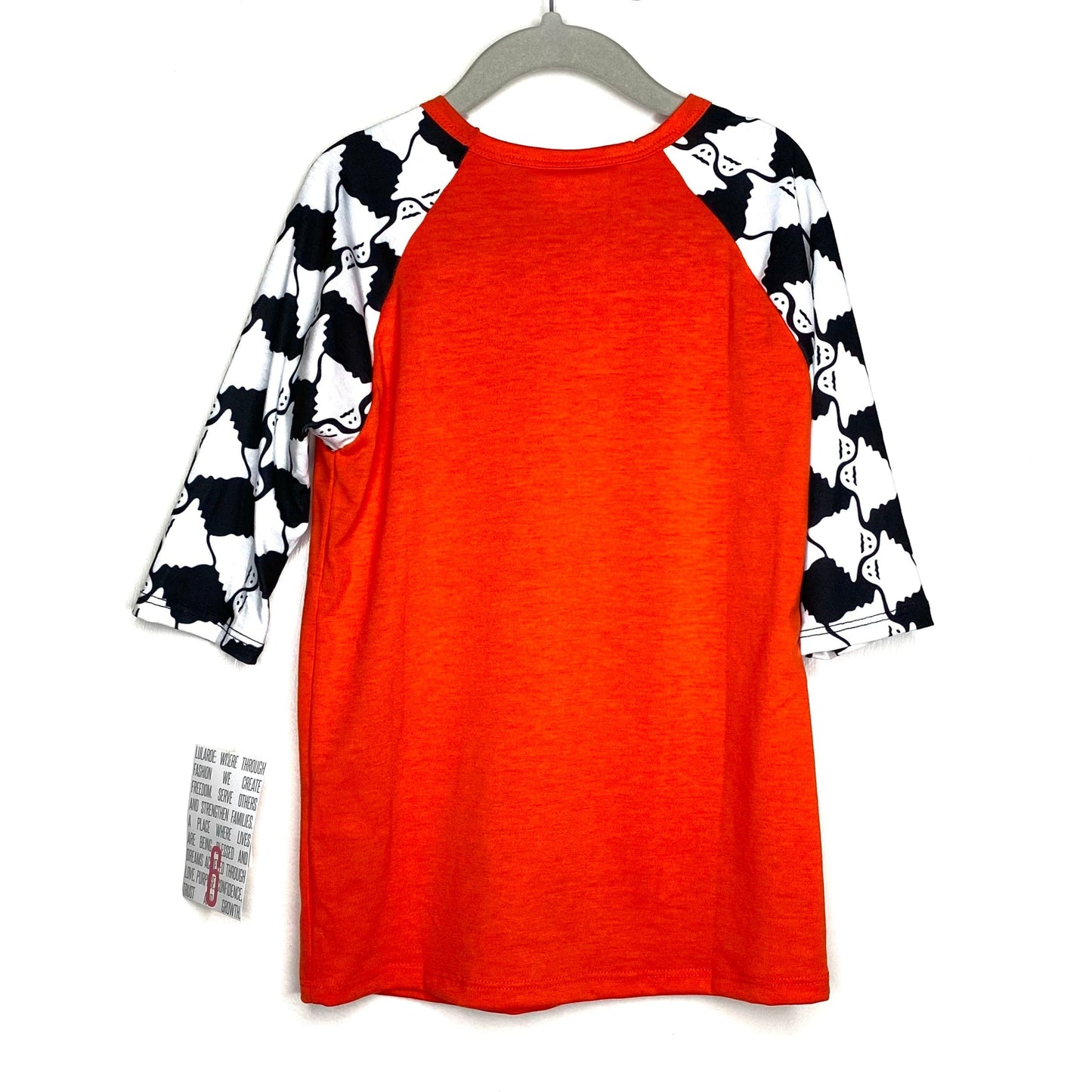 LuLaRoe Kids Unisex 6 Black/White/Orange Sloan Ghosts Raglan T-Shirt 3/4 Sleeves NWT