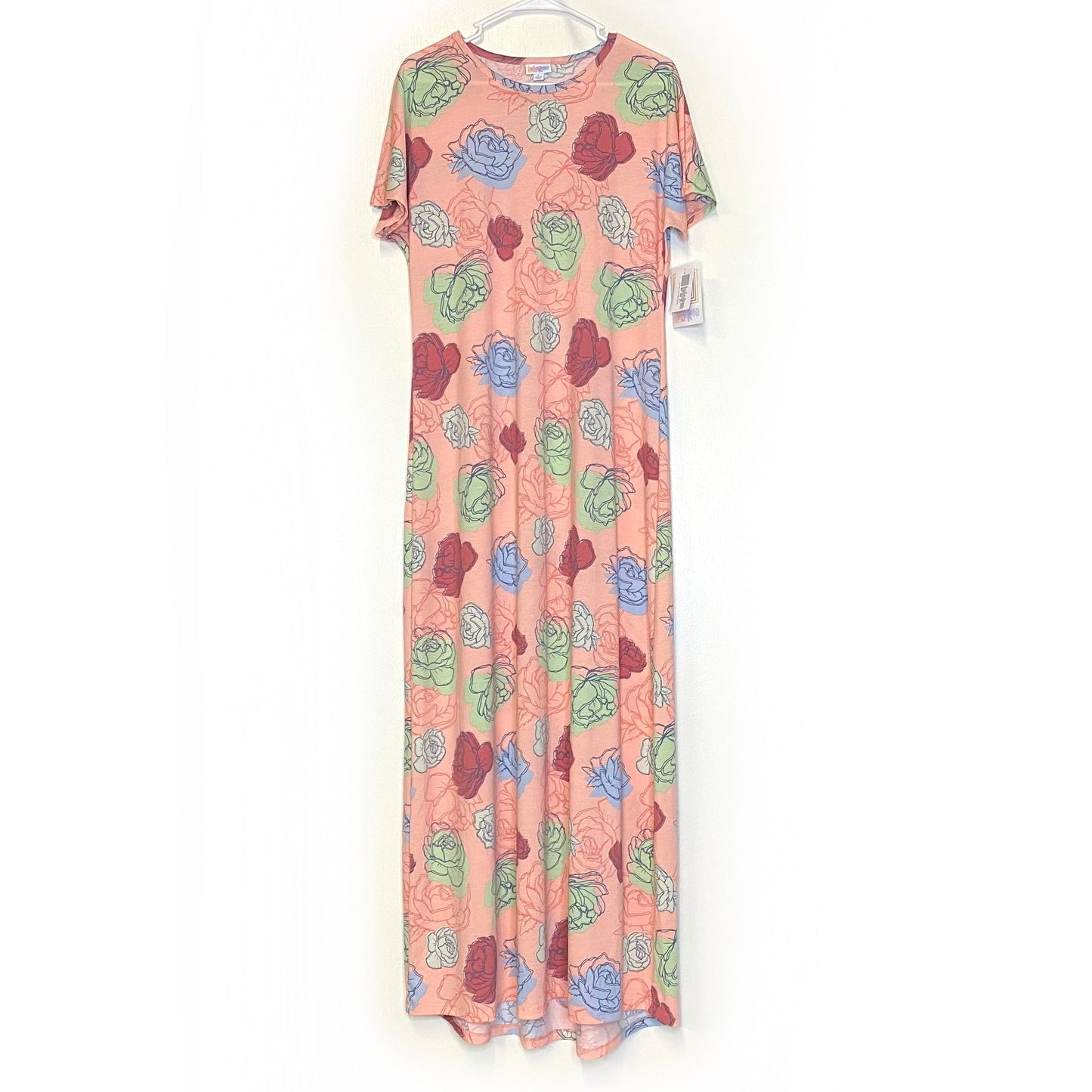 LuLaRoe Womens Maria Maxi Dress | L (14-16) | Peach/Pink Floral Print | Short Sleeve | NWT