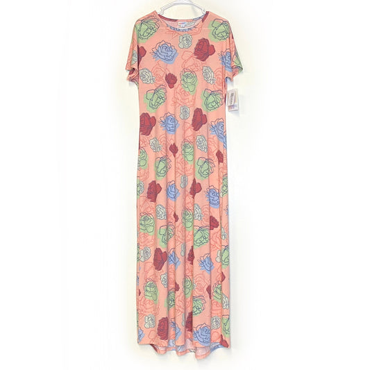 LuLaRoe Womens Maria Maxi Dress | L (14-16) | Peach/Pink Floral Print | Short Sleeve | NWT