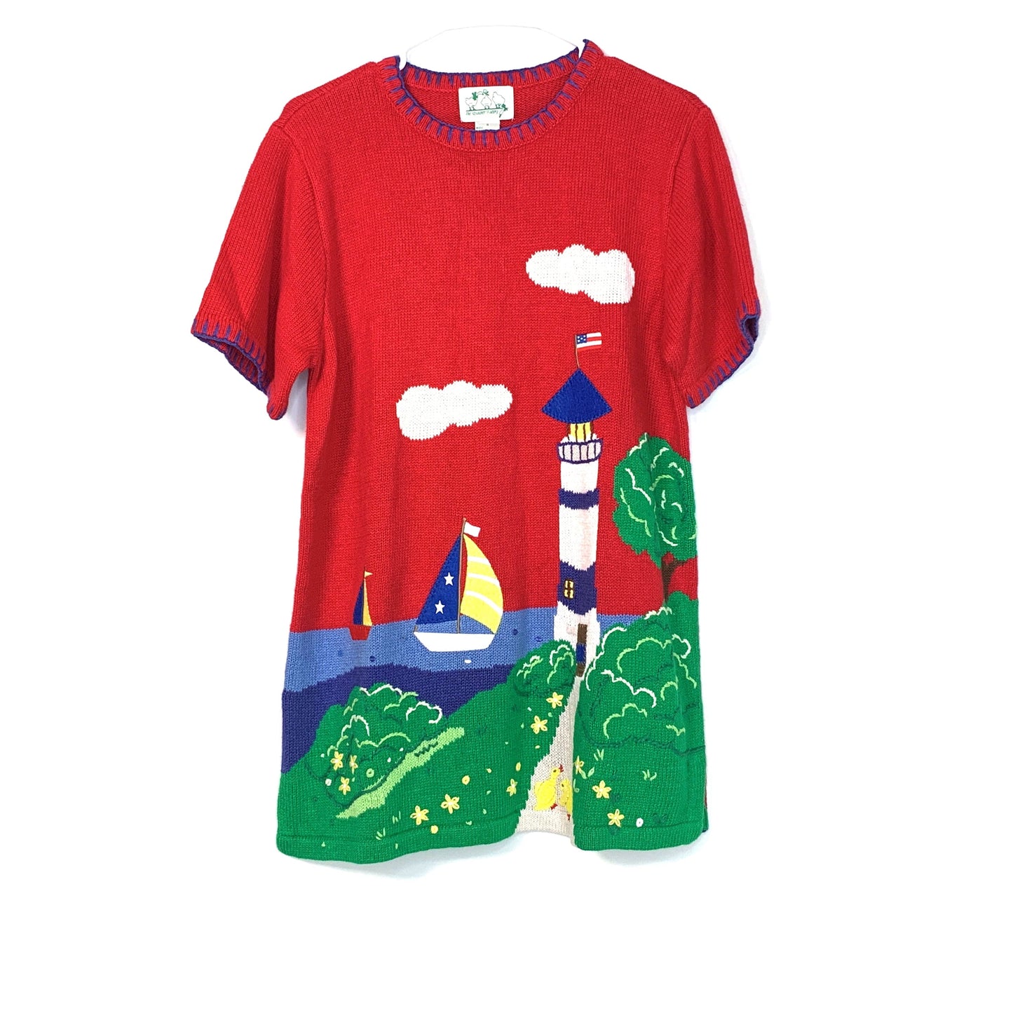 The Quacker Factory Womens Size Small Short Sleeve Sweater Shirt Red Lighthouse Sailboat Pre-Owned