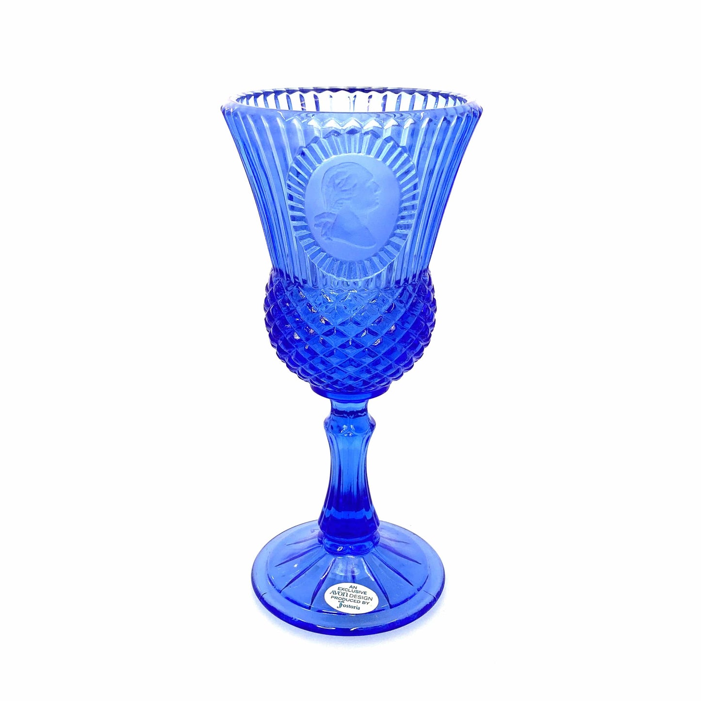 Vintage Avon by Fostoria 8” Glass Candle Holder Cobalt Blue MARTHA & GEORGE WASHINGTON 1976, Set of 2
