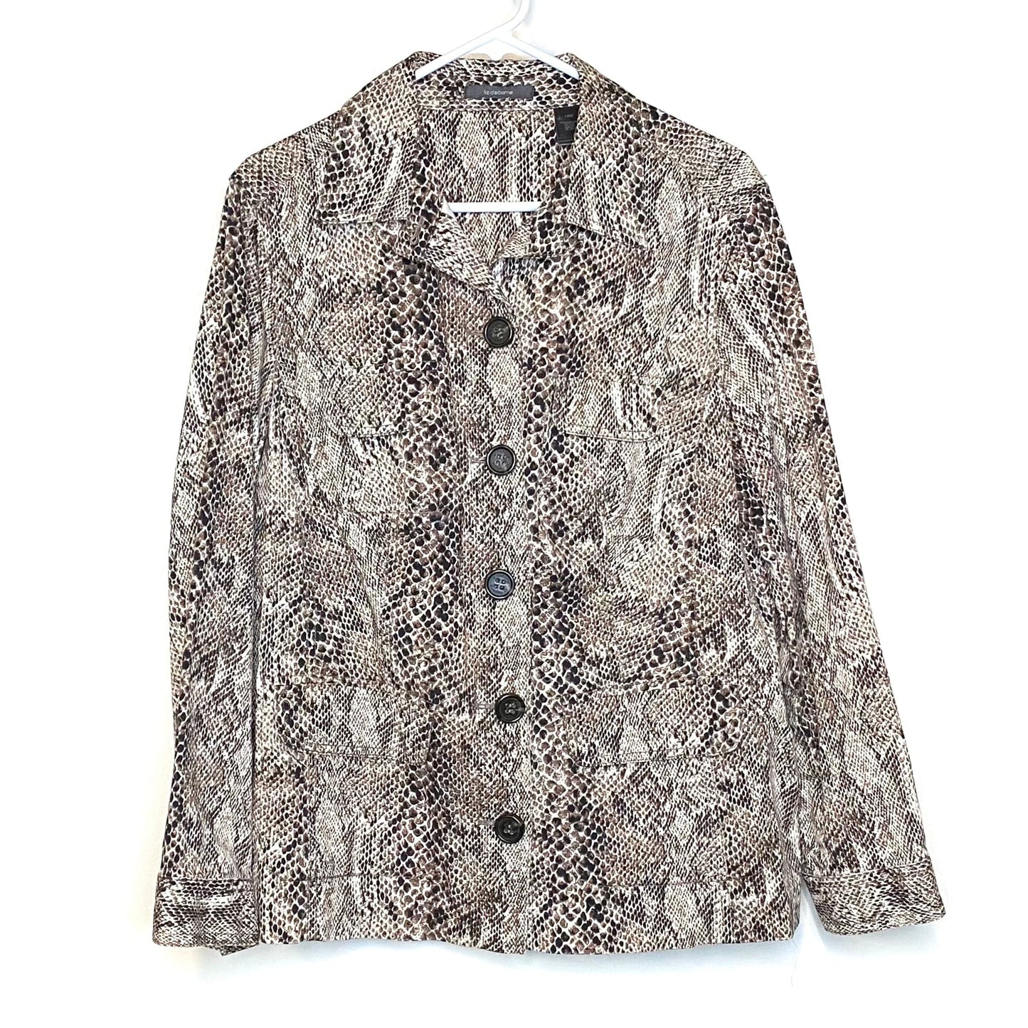 Women's Button-Up Jacket - Size 14W - Brown Reptile Print - Long Sleeve