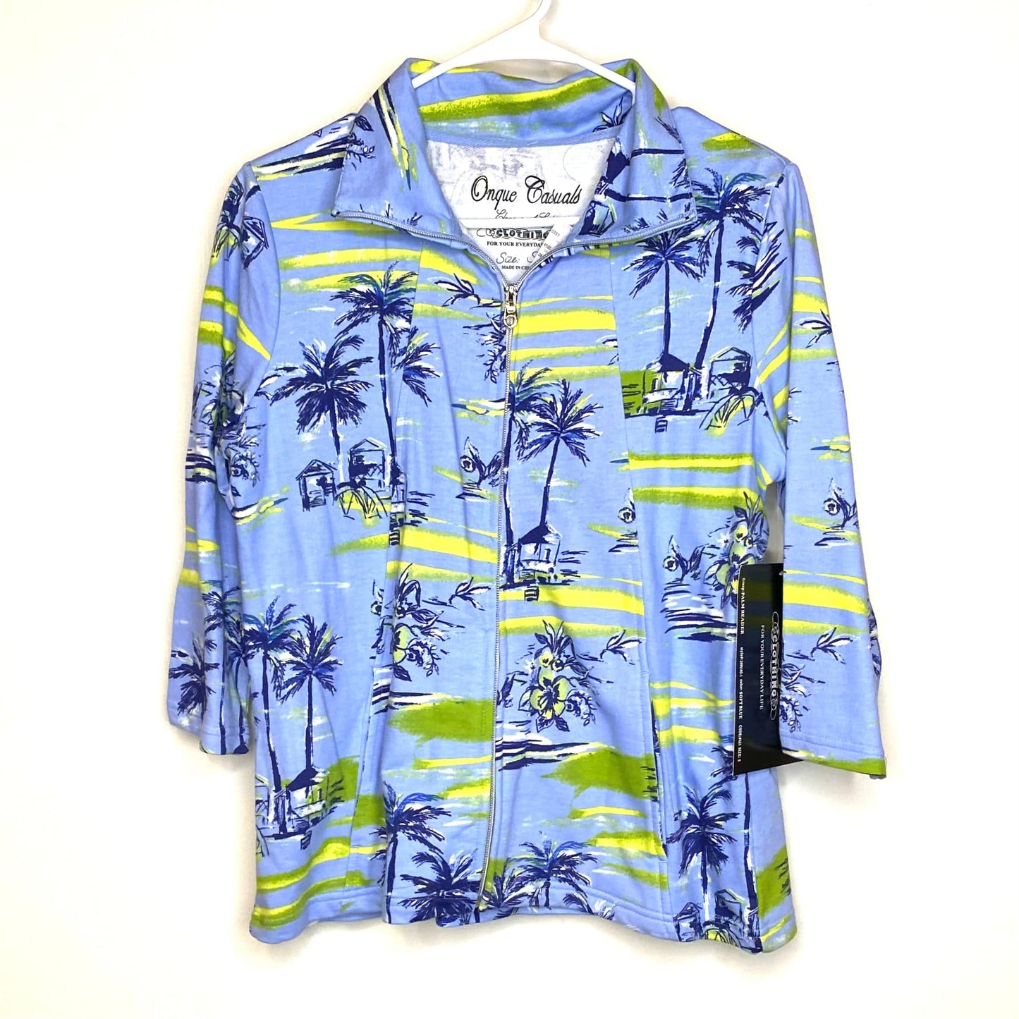 Onque Casuals Size S Light Blue Beach Pattern Full Zipper Light Jacket L/s NWT