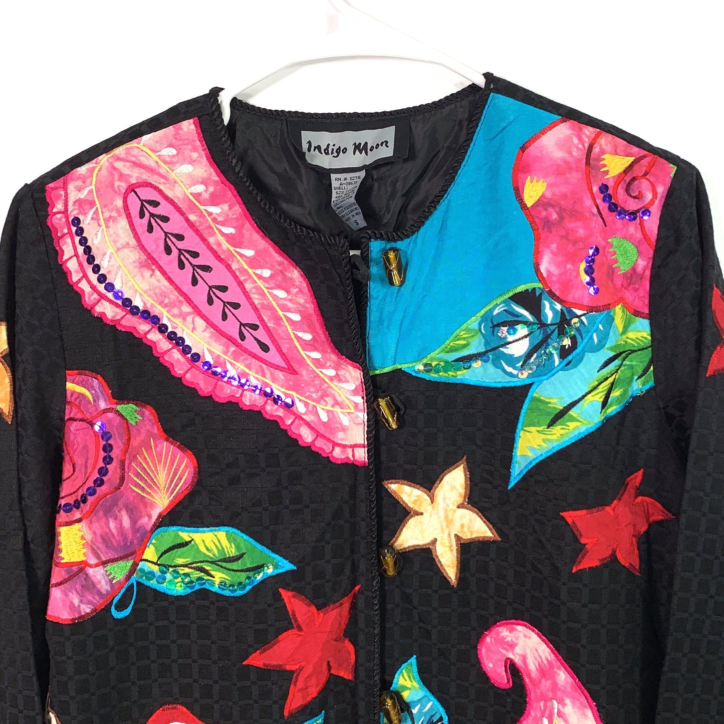 Flattering Indigo Moon Womens Embroidered & Embellished Button-Up Jacket Size Small Floral Black