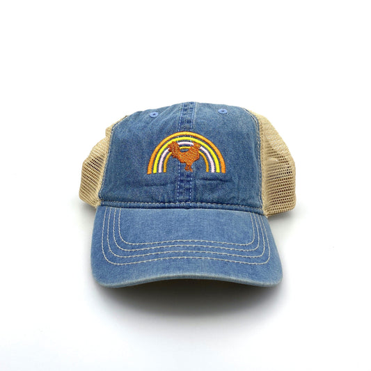 Womens Blue Denim Rooster & Rainbow Embroidered SnapBack Hat OSFM
