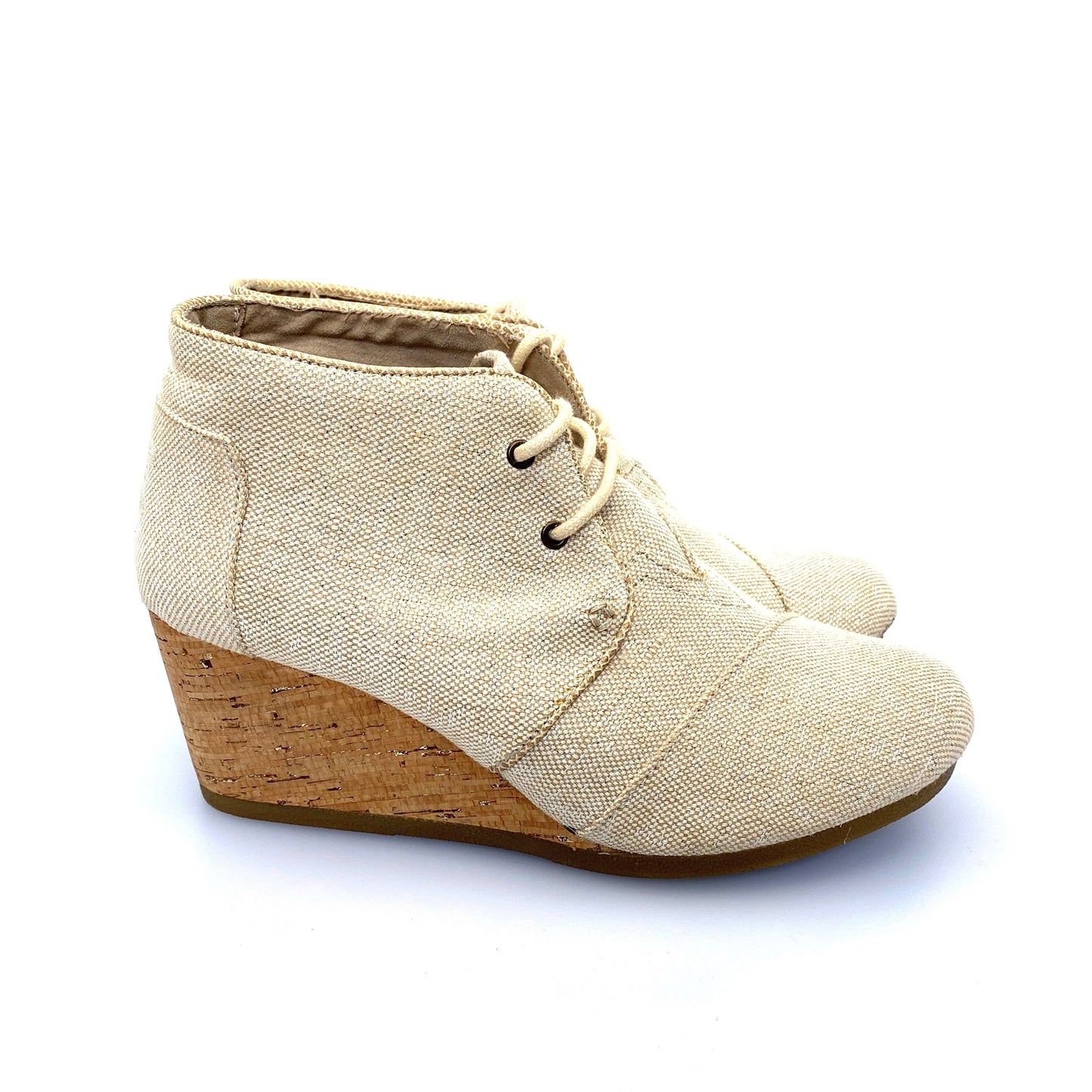 Toms Womens Desert Wedge Ankle Bootie Silver-Beige Canvas Cork Lace-Up