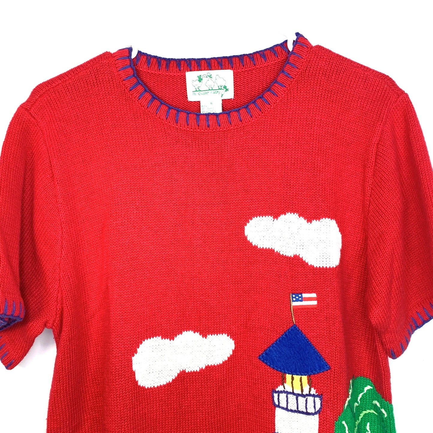 The Quacker Factory Womens Size Small Short Sleeve Sweater Shirt Red Lighthouse Sailboat Pre-Owned