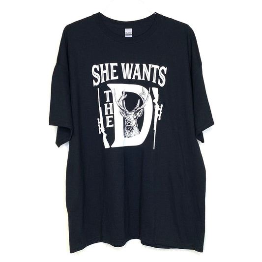 Men's 2XL Black Graphic T-Shirt - "She Wants the D" Hunting Deer