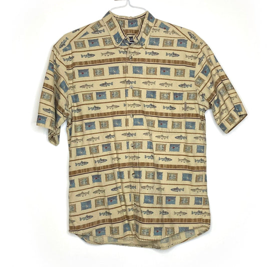 Woolrich Mens Size M Beige/Multicolor Trophy Fish Button-Up Shirt S/s Pre-Owned
