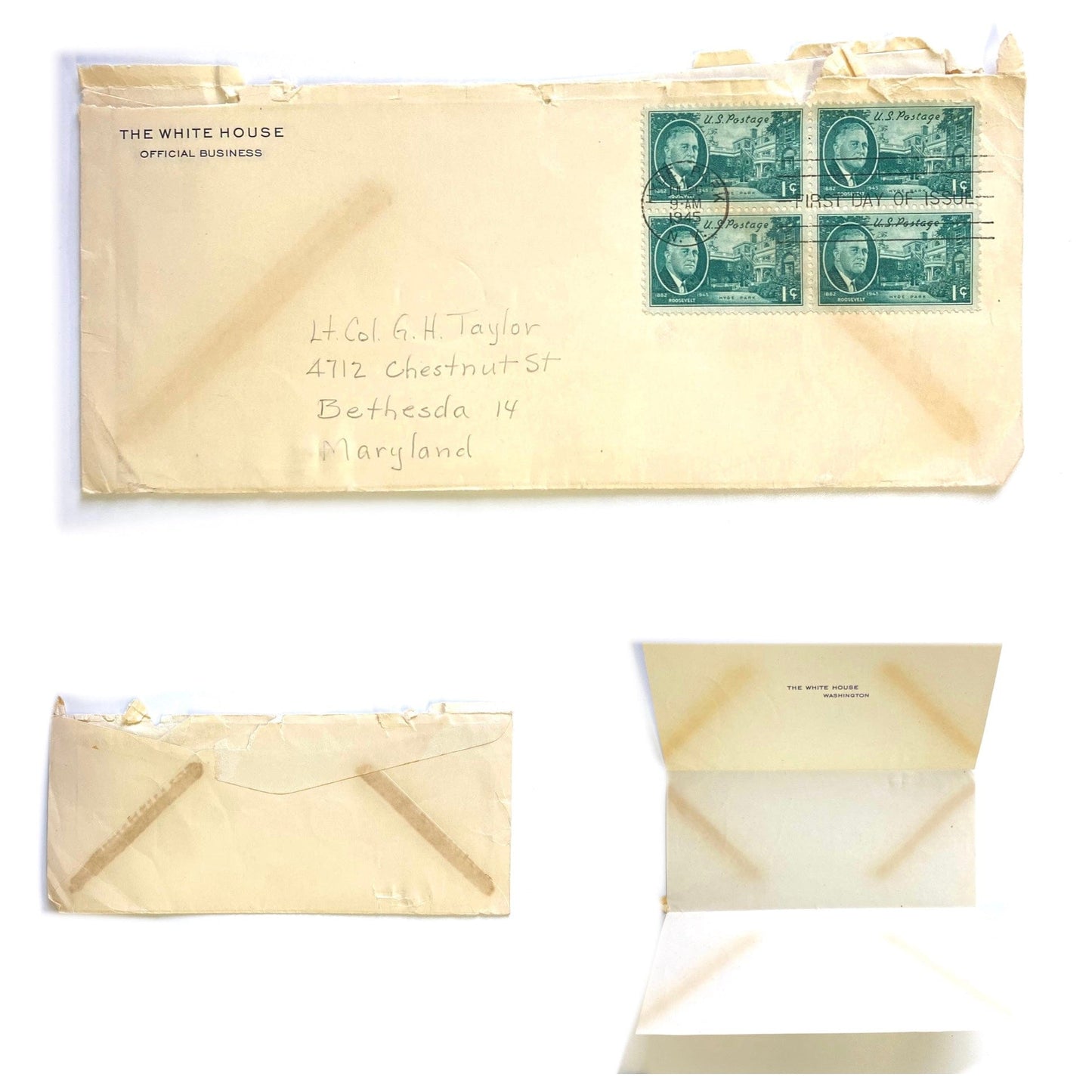 Vintage Envelope Letter The White House Office Business - “Lt. Col GH Taylor” 1945