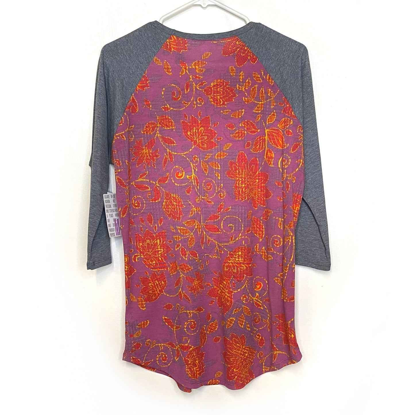 LuLaRoe Unisex M Gray/Purple Randy Floral Raglan T-Shirt ¾ Sleeves NWT