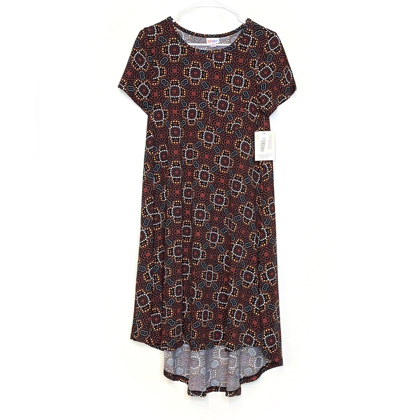 LuLaRoe Womens XS Orange/Gold/Black Carly Geometric Swing S/s NWT