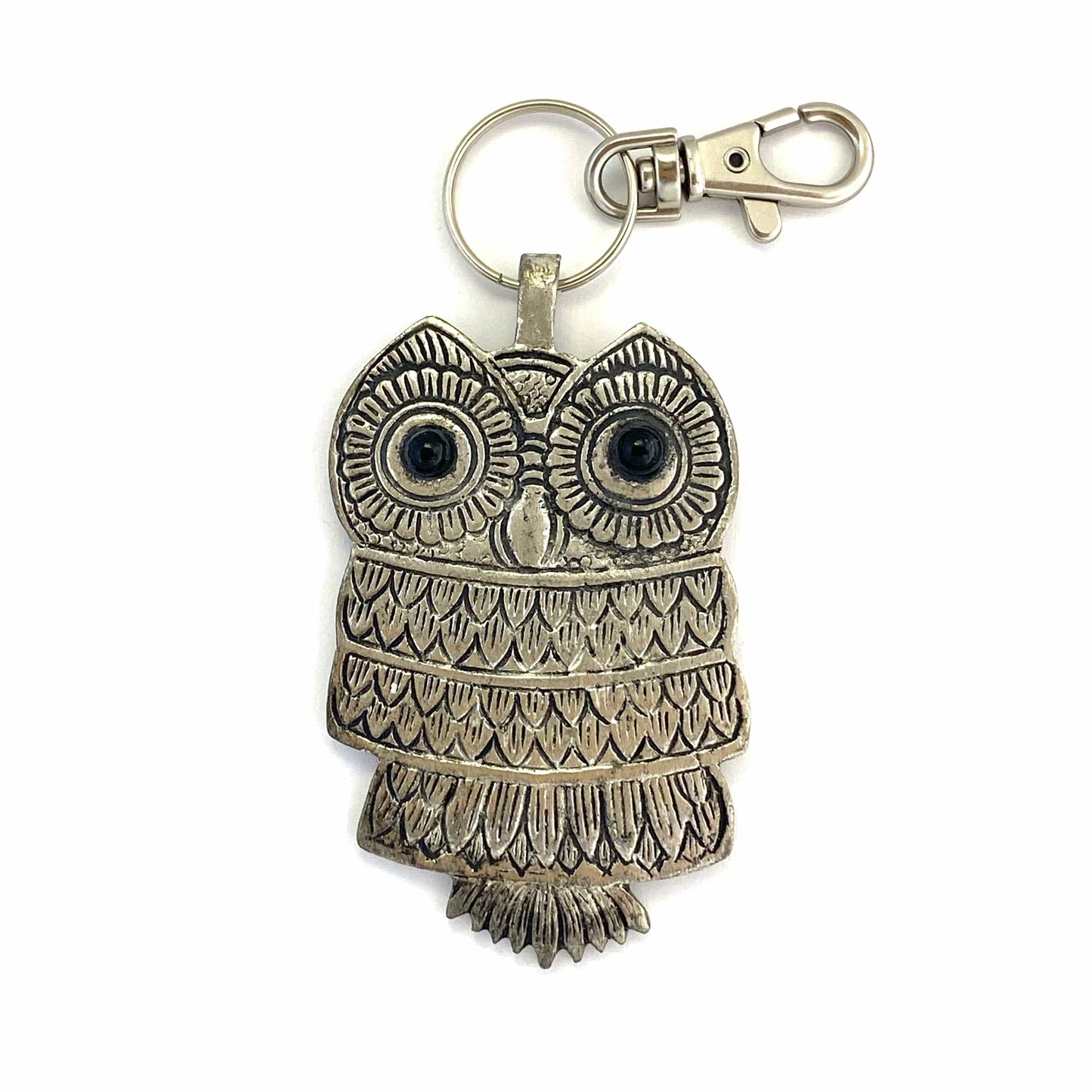 Metal Owl Keychain Large Pendant Charm Key Ring Silvertone