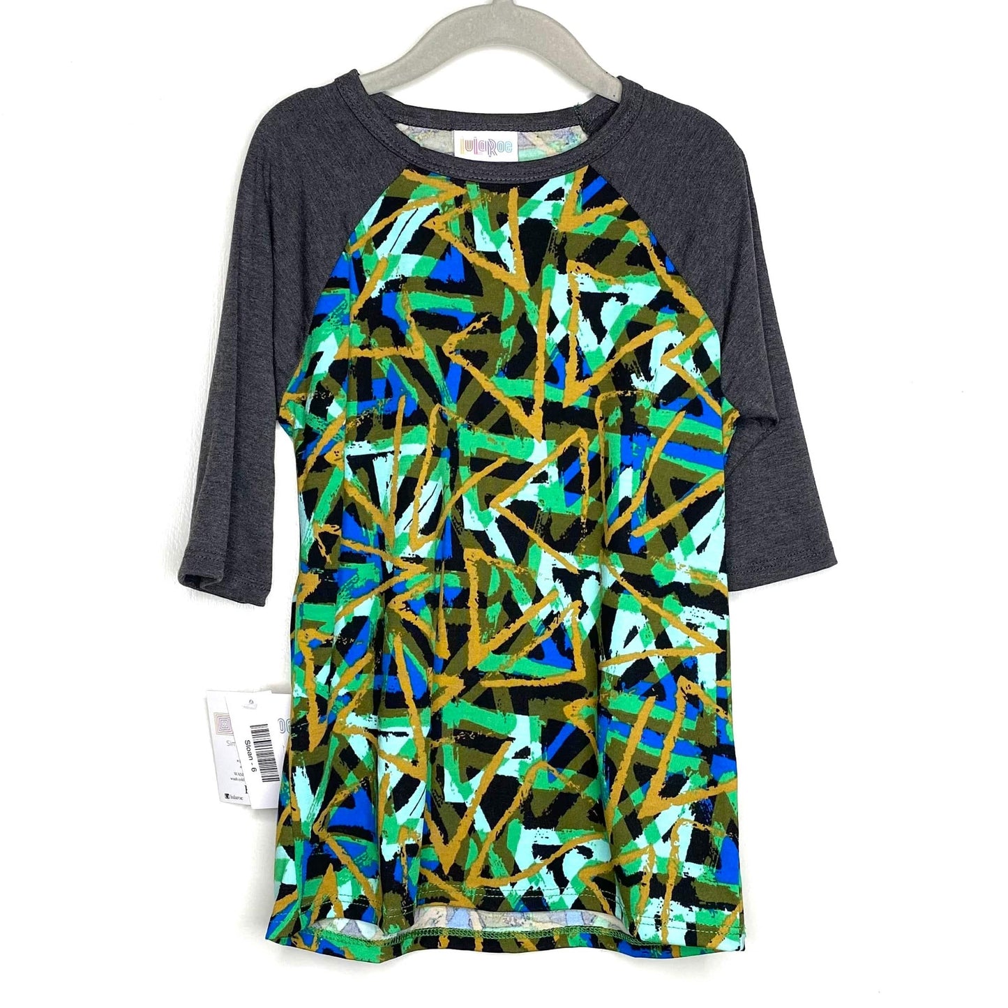 LuLaRoe Kids Unisex 6 Gray/Multicolor Sloan Abstract Raglan T-Shirt 3/4 Sleeves NWT