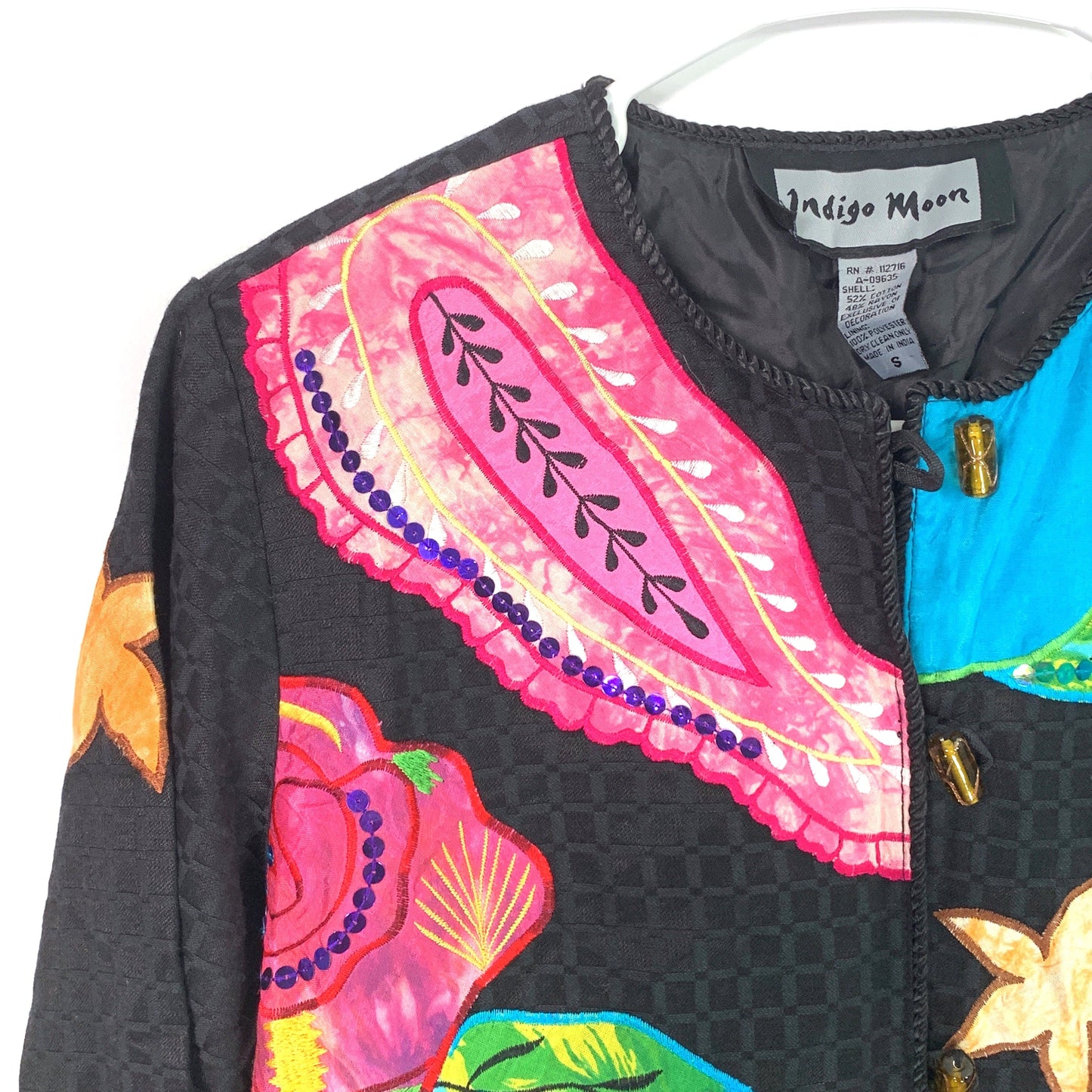Flattering Indigo Moon Womens Embroidered & Embellished Button-Up Jacket Size Small Floral Black