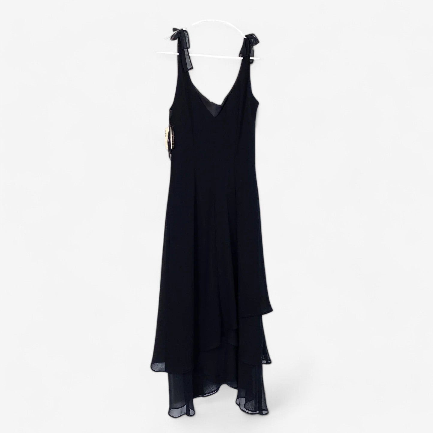 Virgo Women's Black Dress with Tied Straps and Flutter Hem - Size 8