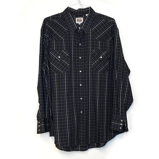 Vintage Ely Cattleman Men's Black and White Box Plaid Western Pearl Snap Shirt - Size XXL - Long Sleeve
