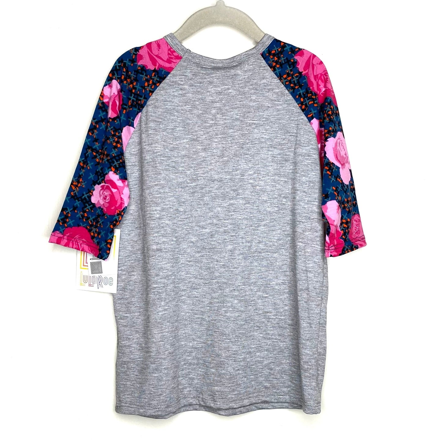 LuLaRoe Kids Unisex 6 Peacock Blue/Gray/Pink Sloan Heather/Floral Raglan T-Shirt 3/4 Sleeves NWT