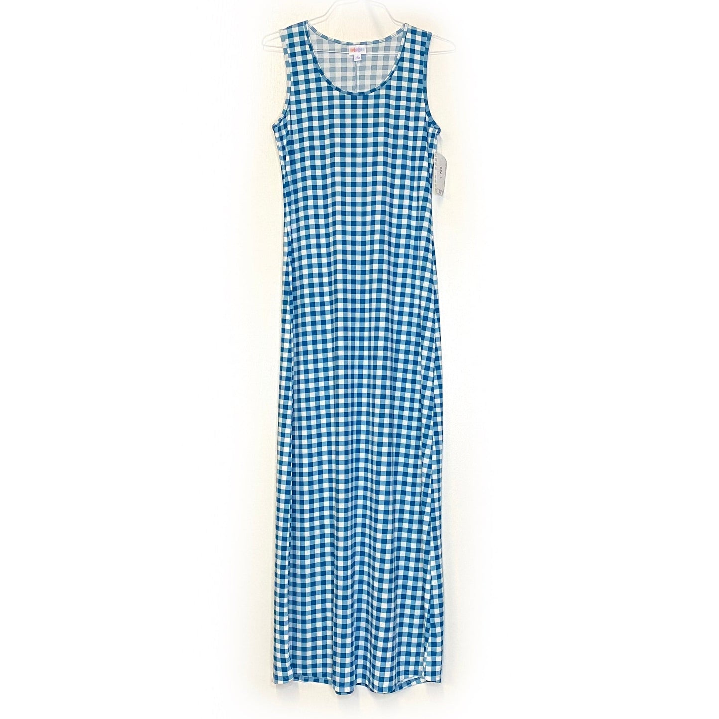 LuLaRoe Womens Size L White/Teal Blue Gingham Dani Maxi Dress Sleeveless NWT