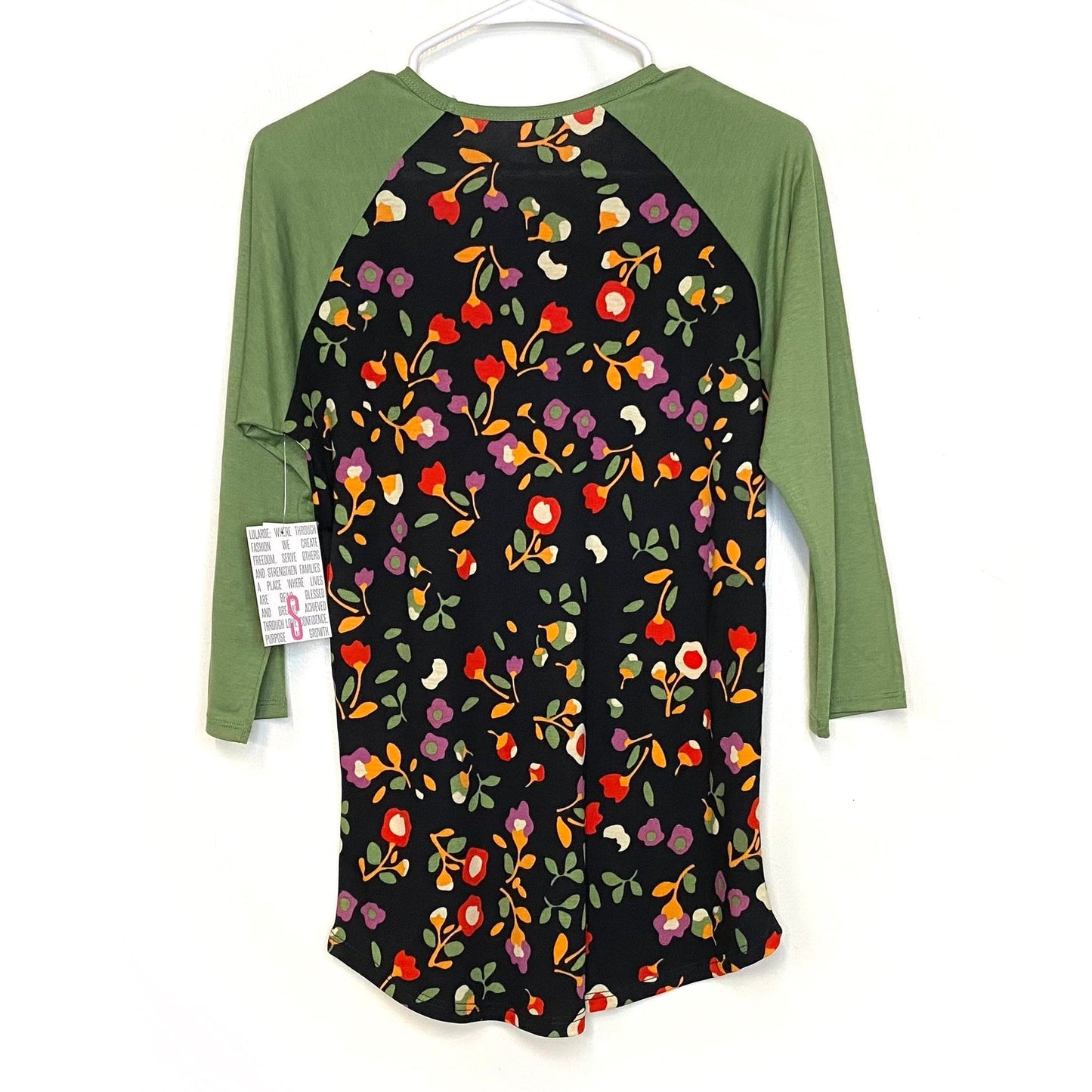 LuLaRoe Unisex S Green/Black Randy Floral Raglan T-Shirt ¾ Sleeves NWT