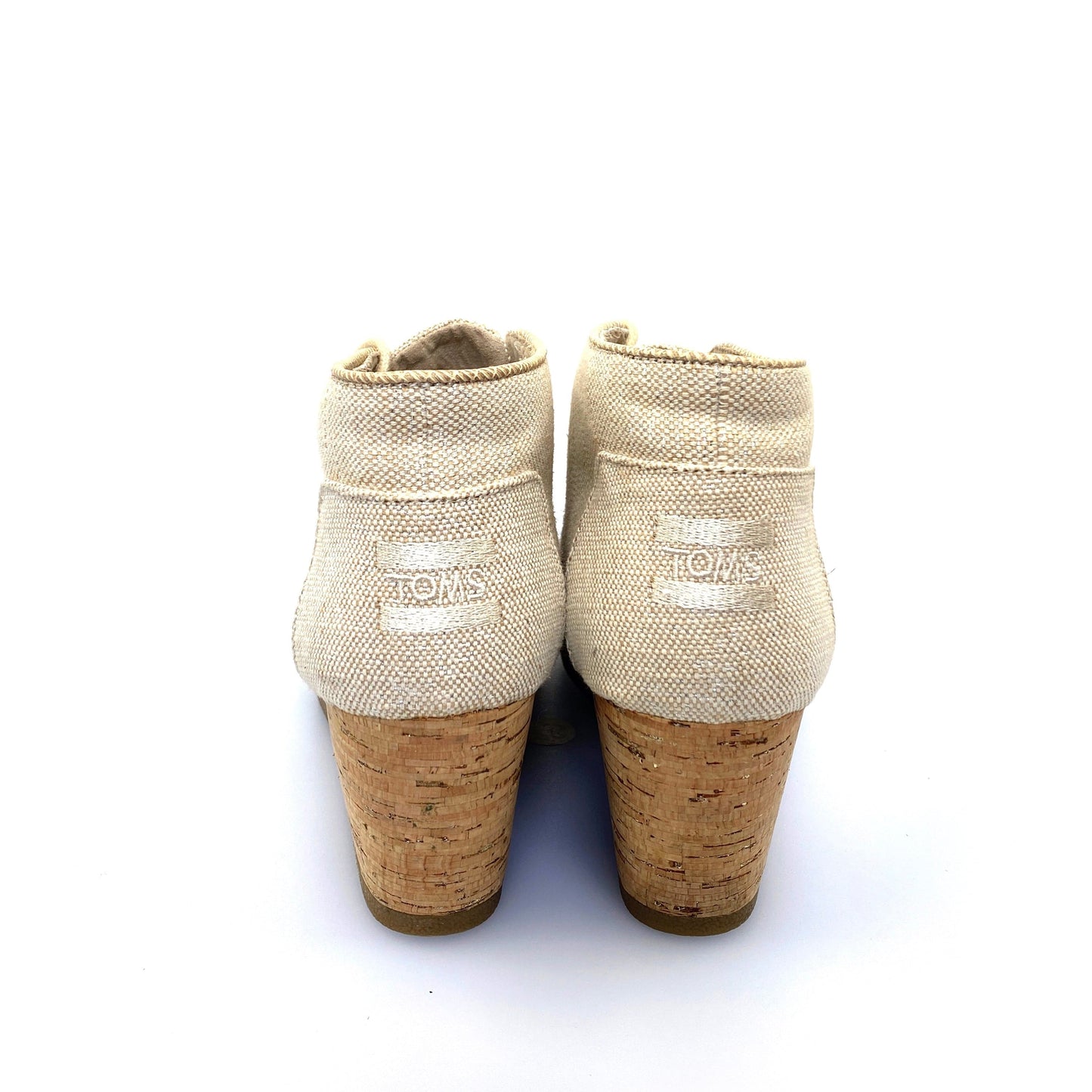 Toms Womens Desert Wedge Ankle Bootie Silver-Beige Canvas Cork Lace-Up