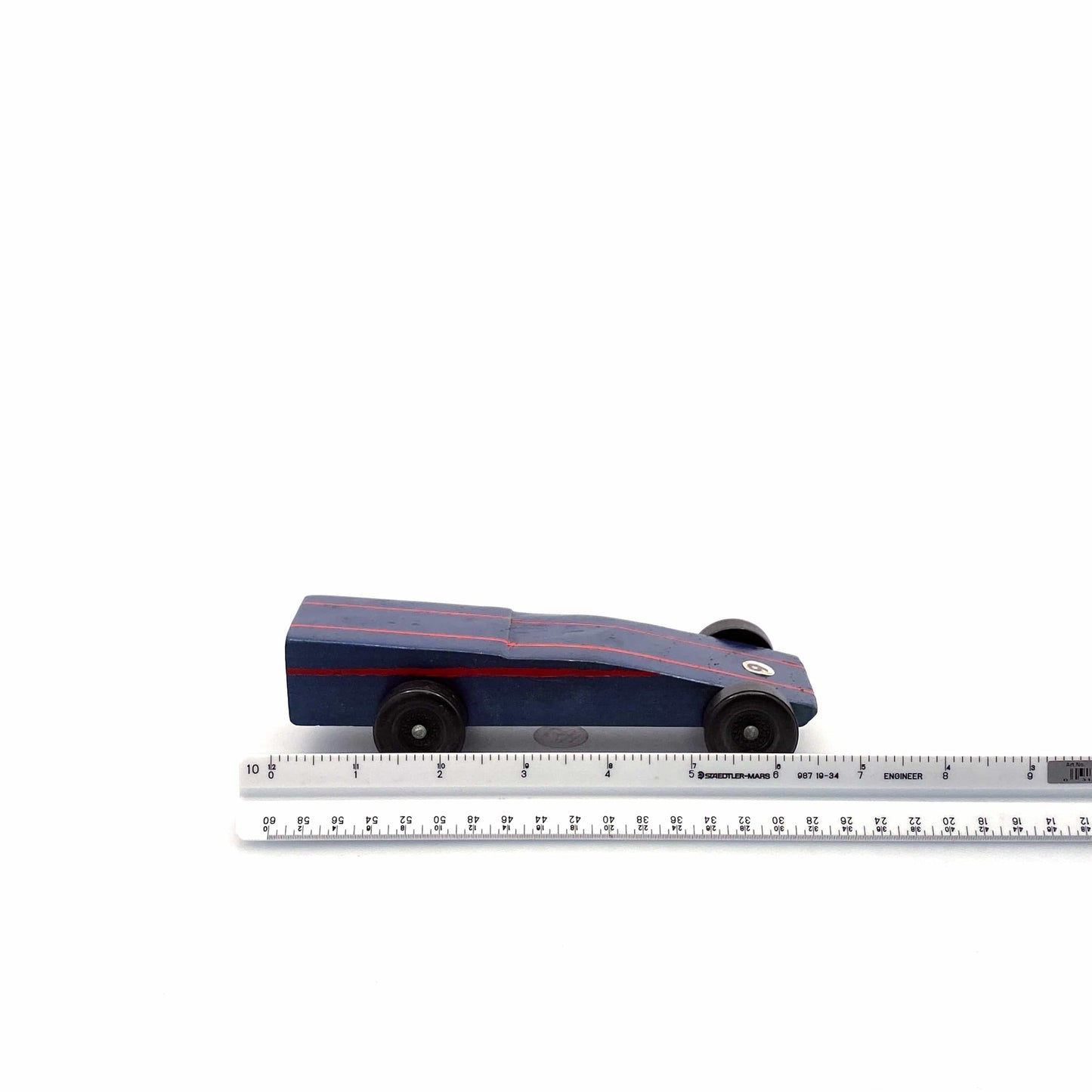 Vintage Pinewood Derby Car Wood Blue Red Stripes Pre-Owned