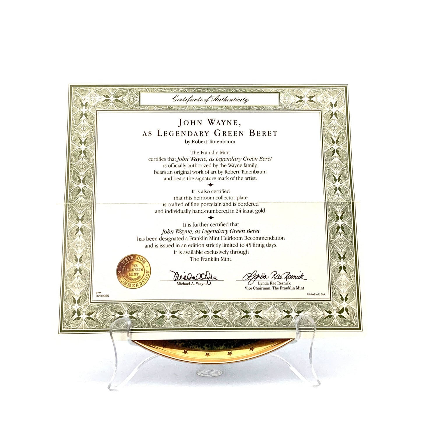 John Wayne | Legendary Green Beret | Franklin Mint Collectors Plates Series | 8 in.