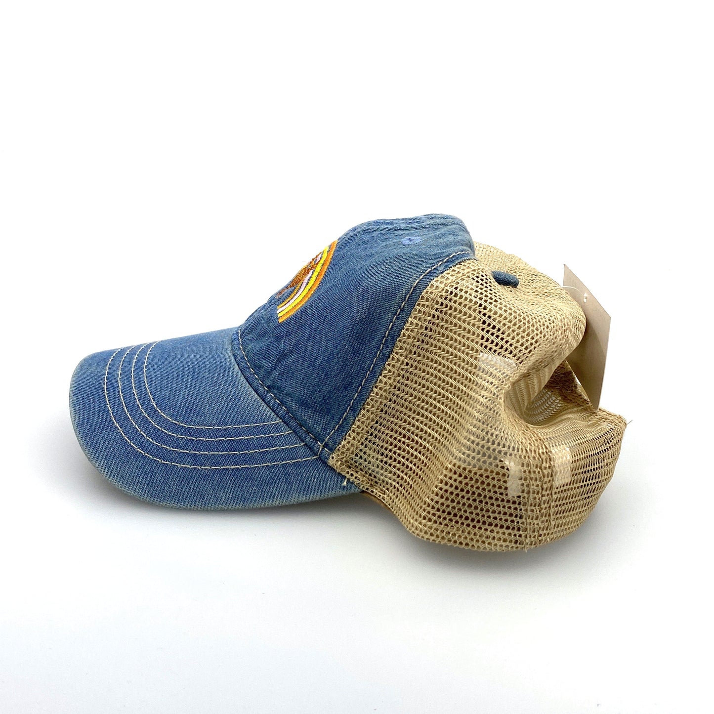 Womens Blue Denim Rooster & Rainbow Embroidered SnapBack Hat OSFM