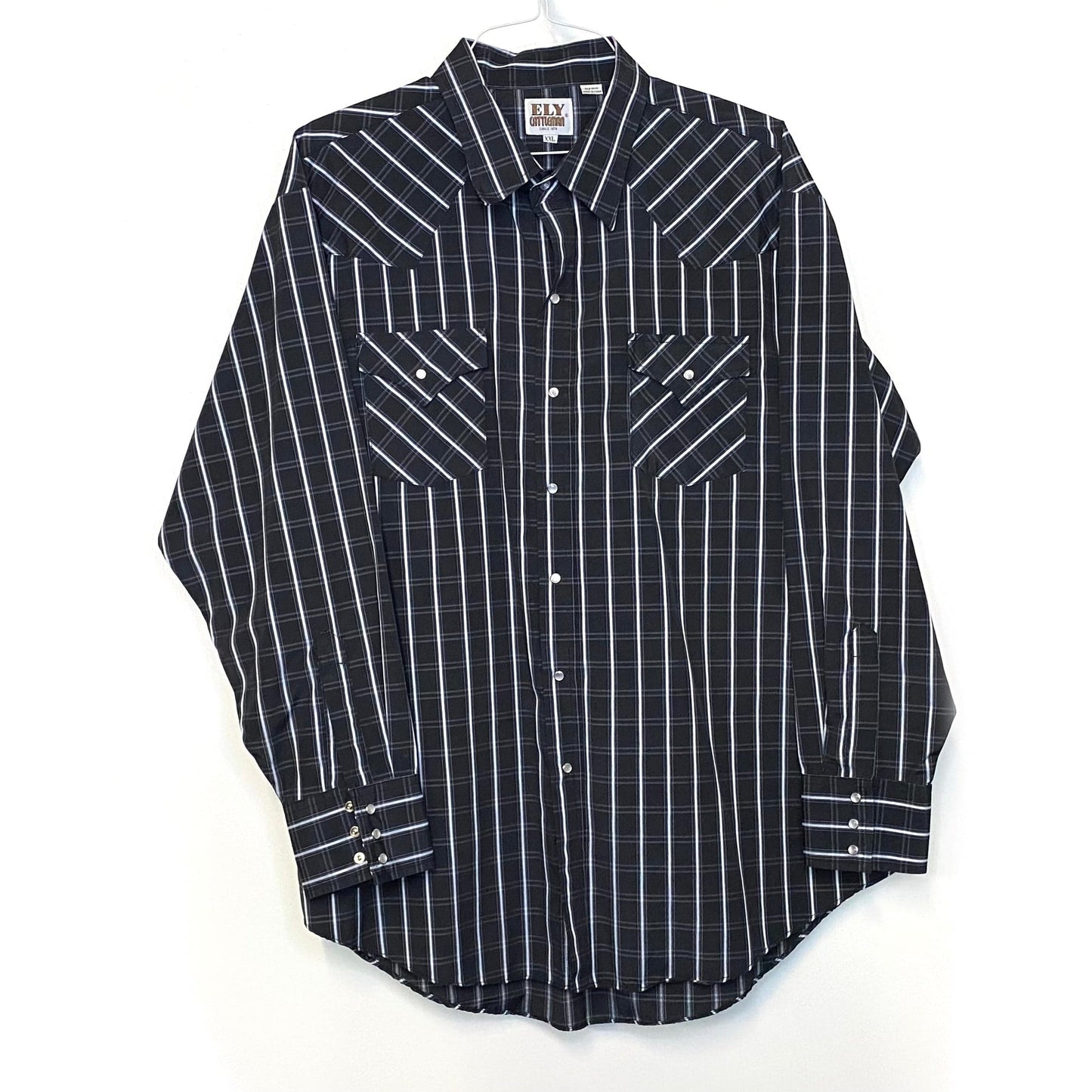 Vintage Ely Cattleman Men's Black and White Striped Plaid Western Pearl Snap Shirt - Size XXL - Long Sleeve