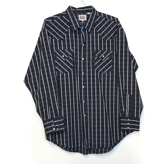 Vintage Ely Cattleman Men's Black and White Striped Plaid Western Pearl Snap Shirt - Size XXL - Long Sleeve