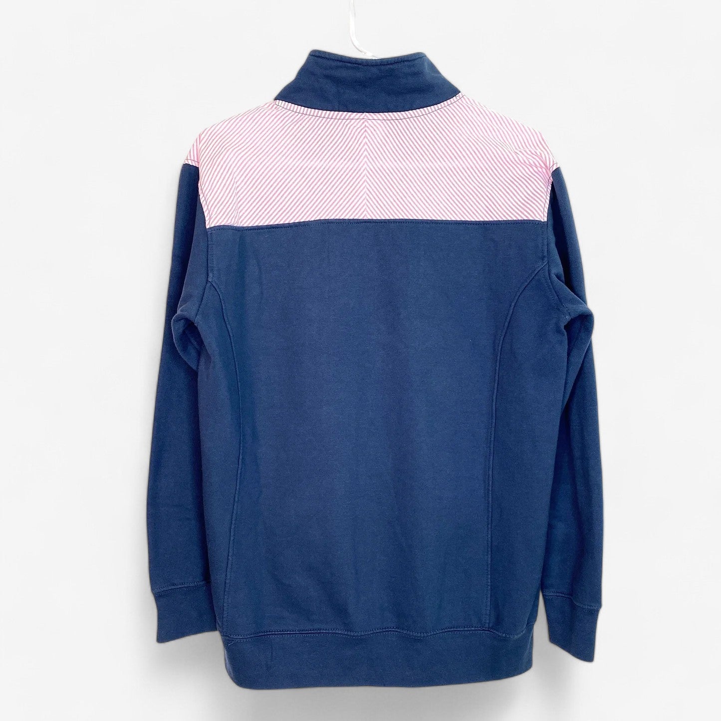 Royce Women's Blue Pullover Sweatshirt with Pink and White Seersucker Accents - Size M - Pre-Owned