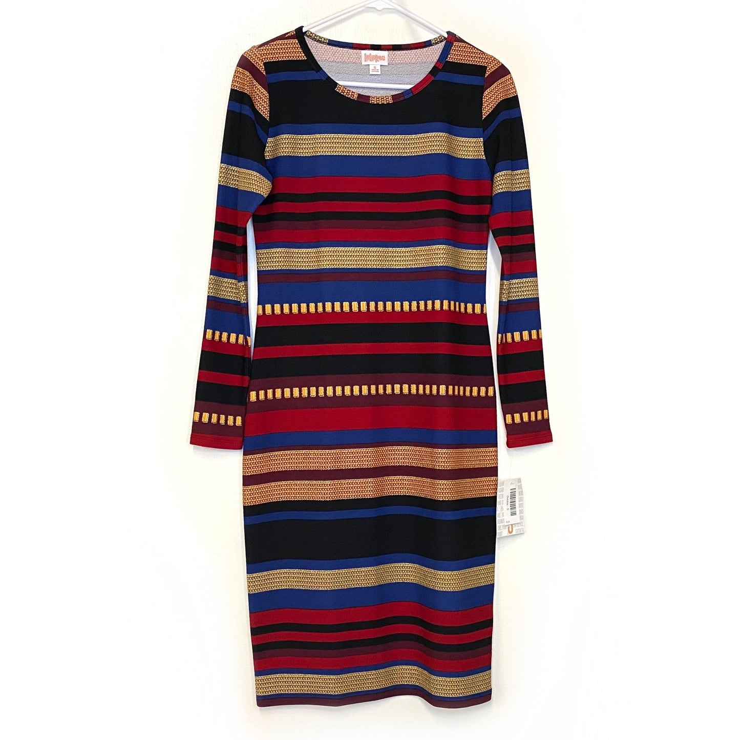 LuLaRoe Womens Size S Debbie Black/Red/Blue Roman Stripes Dress