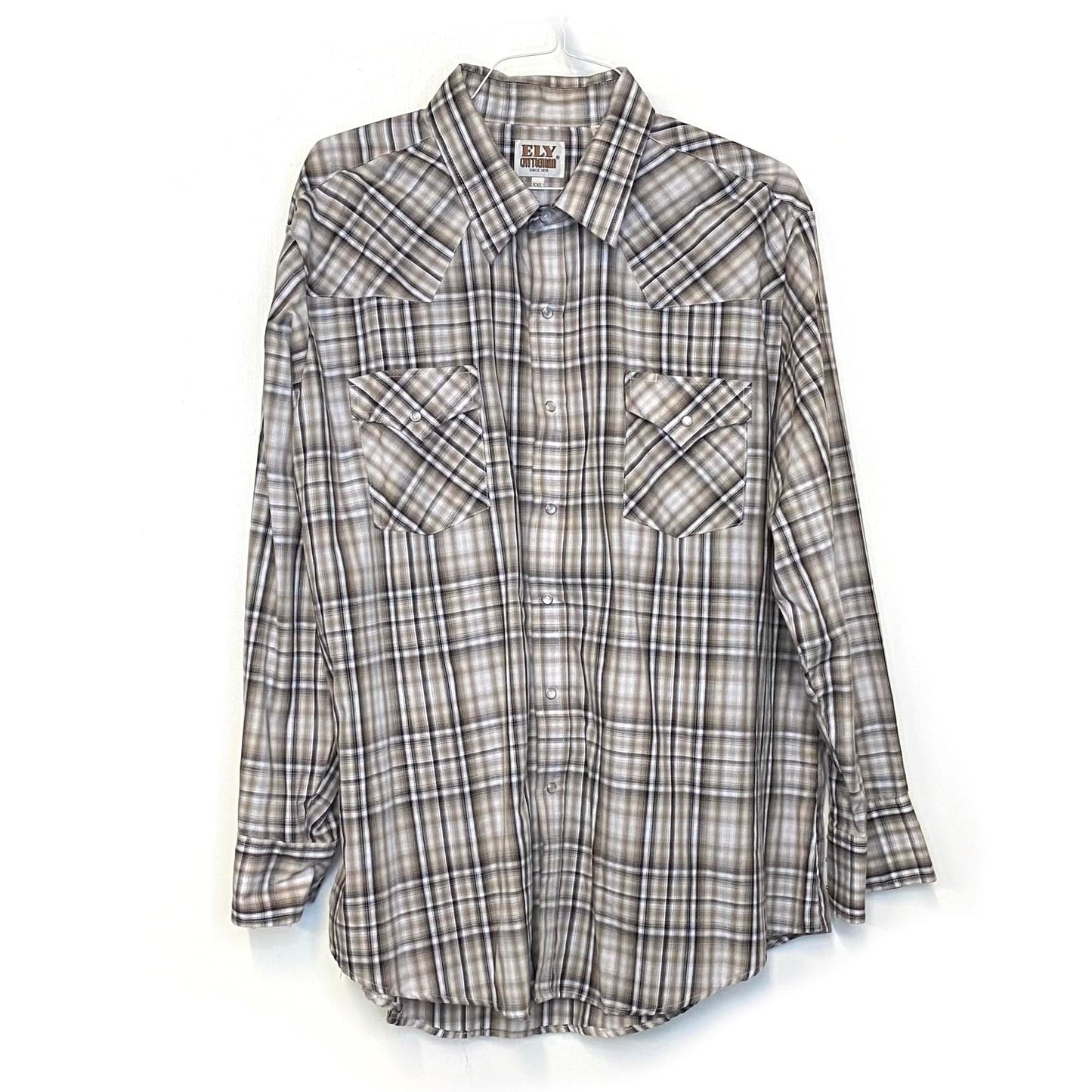 Vintage Ely Cattleman Men's White and Beige Plaid Western Pearl Snap Shirt - Size XXL - Long Sleeve