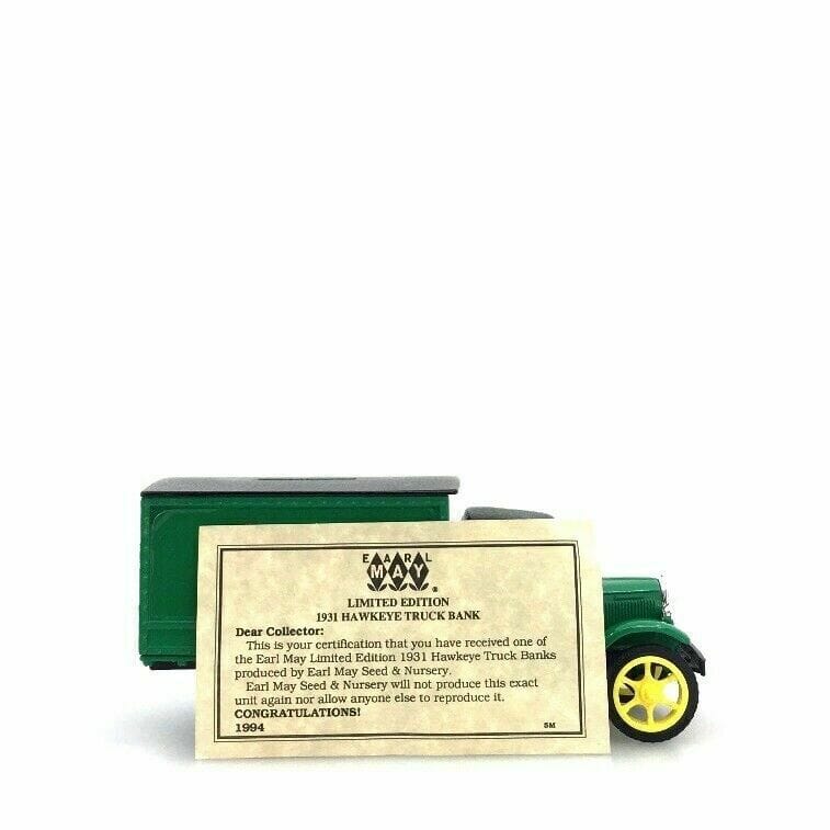 Vintage ERTL Earl May Model Toy Hawkeye Truck Bank Green 1:34 Scale