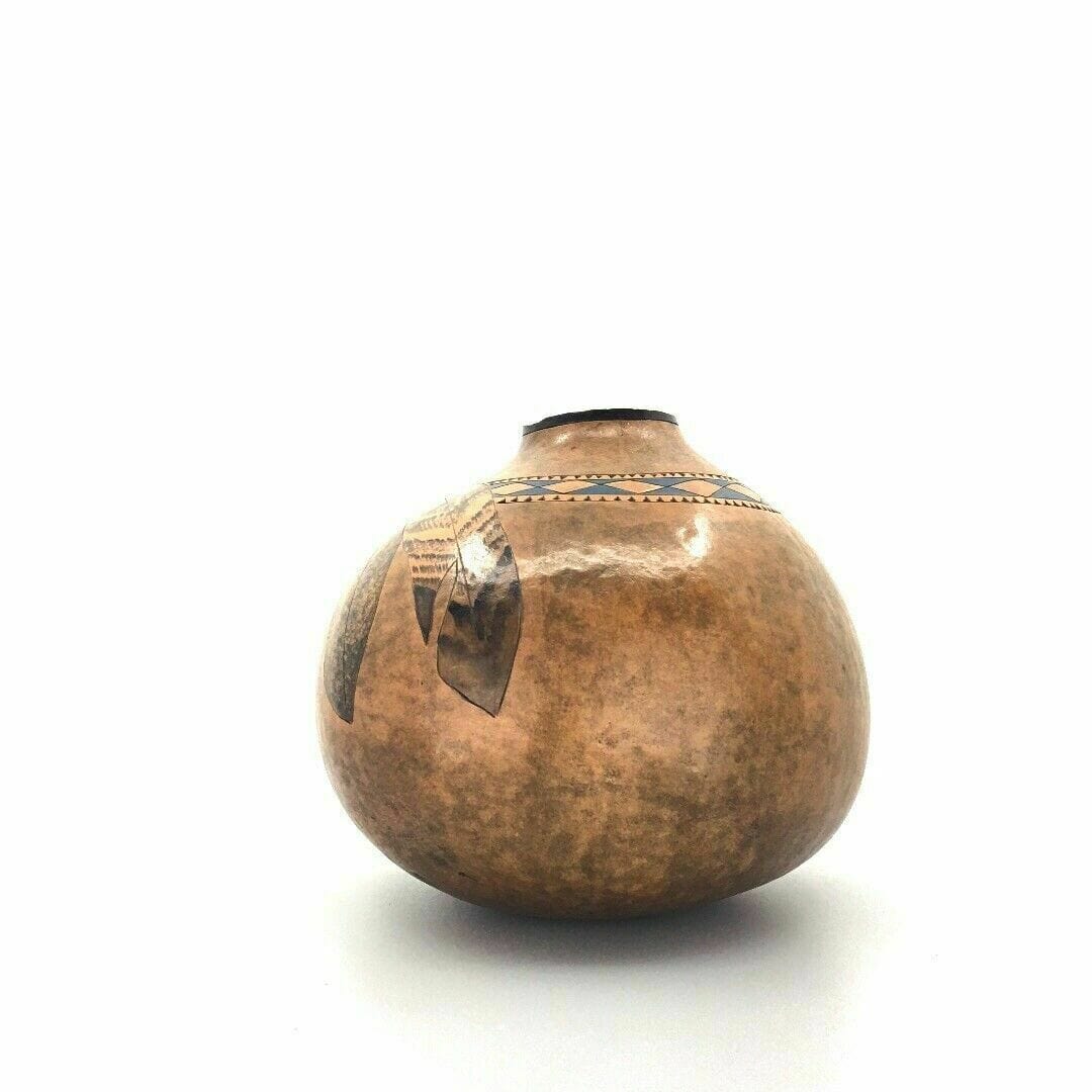 Vintage Native Navajo Gourd Vase Pot Brown Feathers Southwestern New Mexico