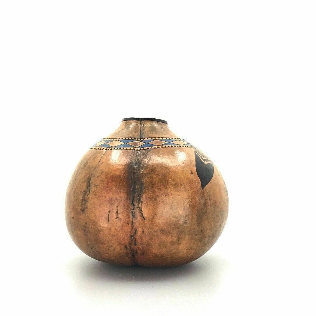 Vintage Native Navajo Gourd Vase Pot Brown Feathers Southwestern New Mexico