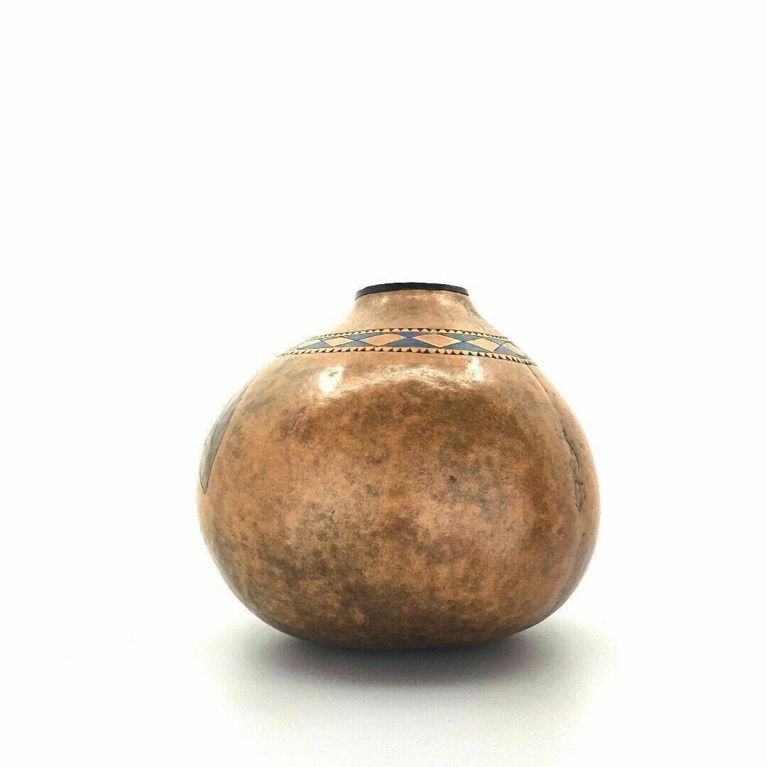 Vintage Native Navajo Gourd Vase Pot Brown Feathers Southwestern New Mexico