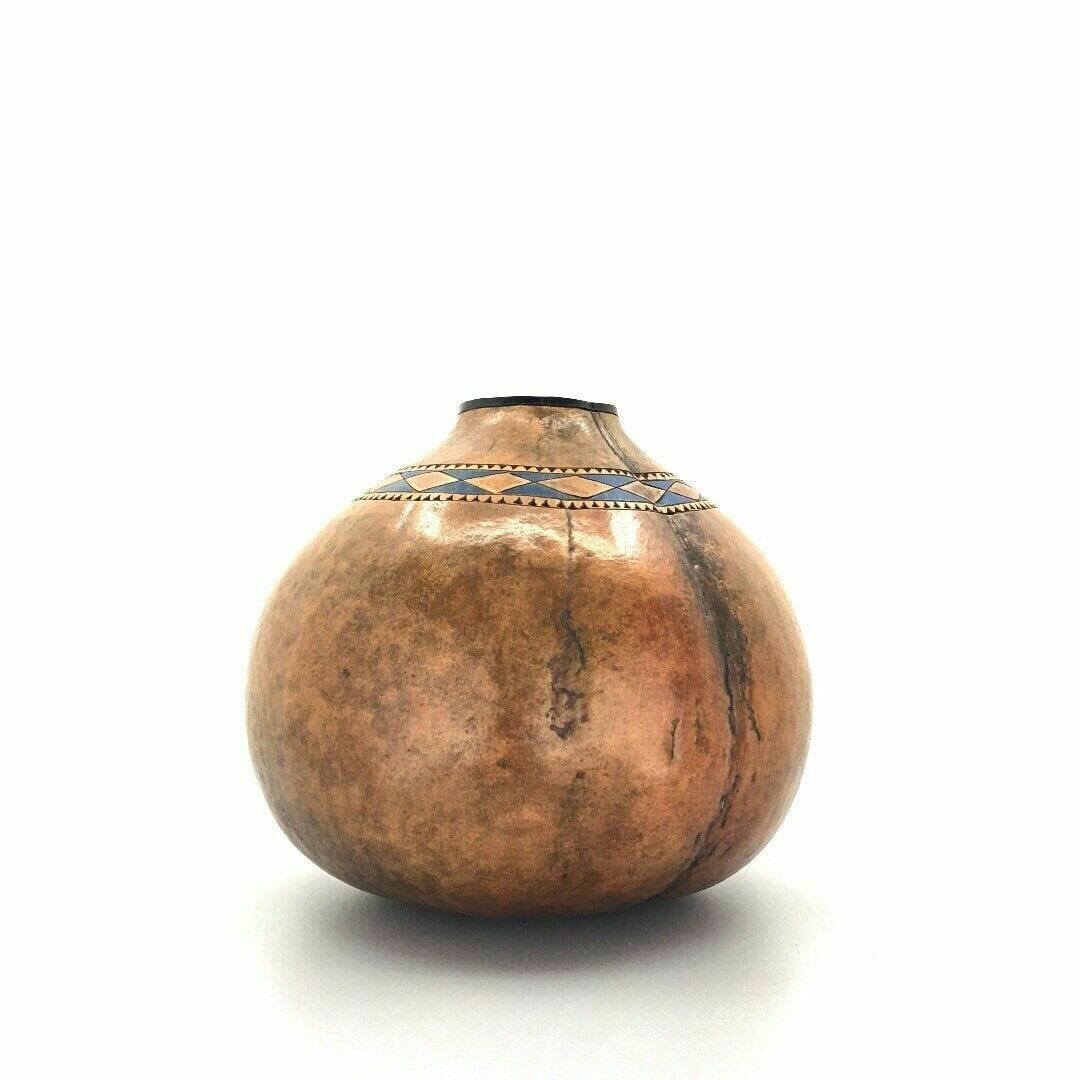 Vintage Native Navajo Gourd Vase Pot Brown Feathers Southwestern New Mexico
