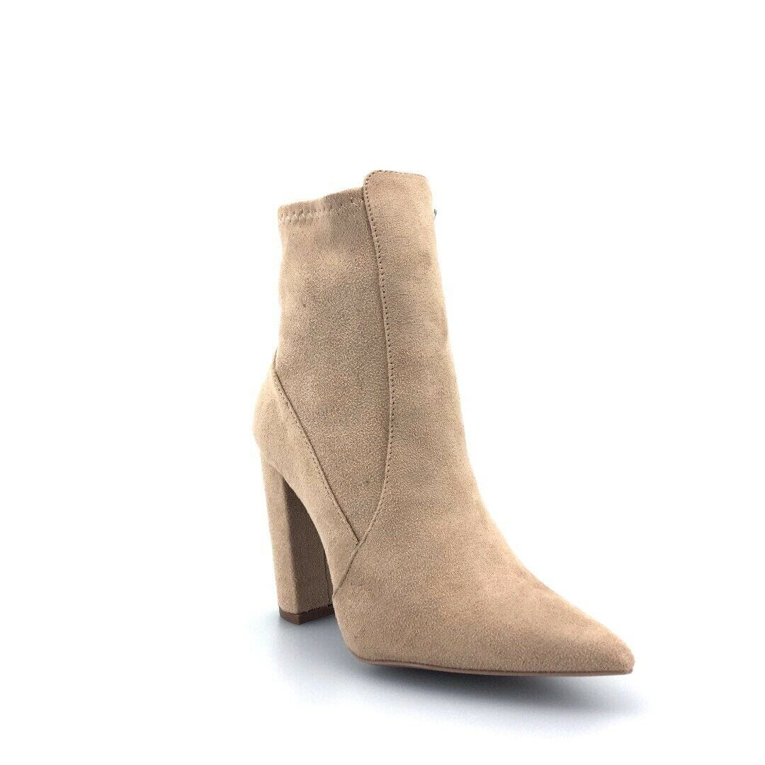 Qupid Womens Booties – Warm Taupe Stretch Suede for Casual Style
