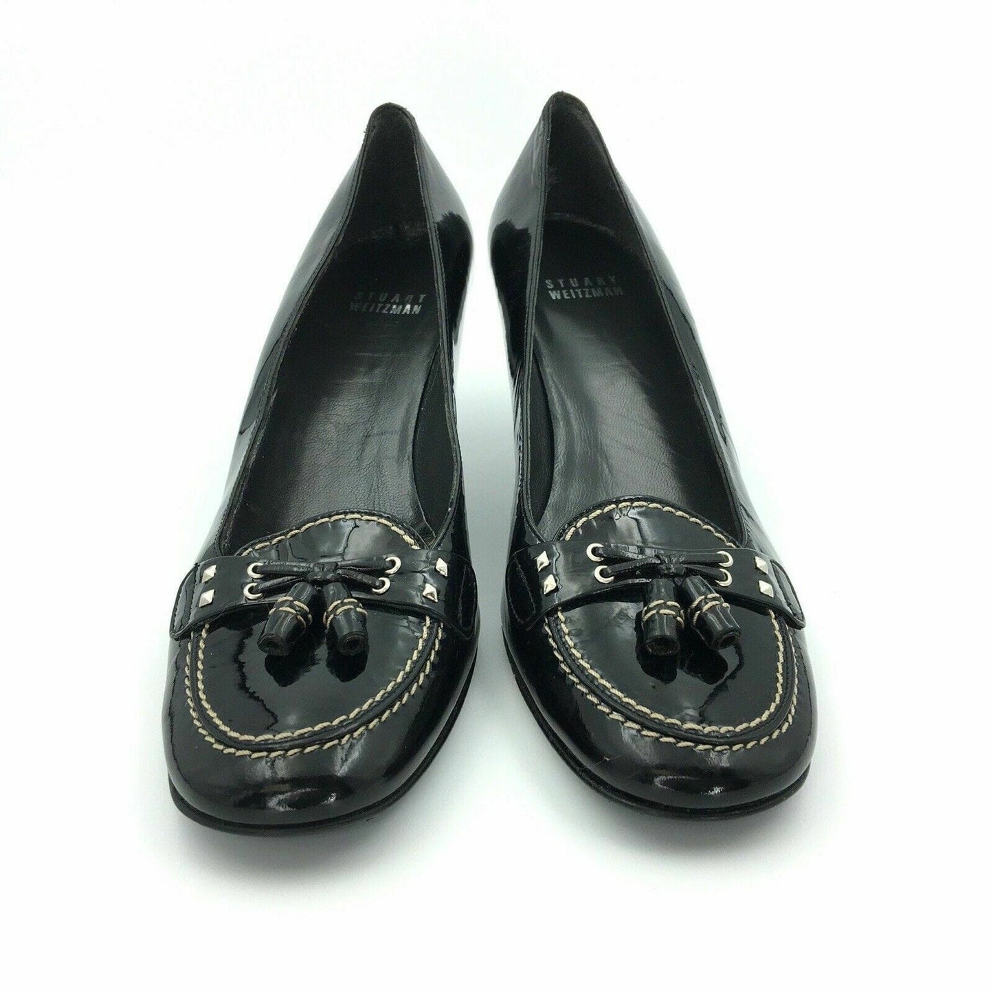 Stuart Weitzman Womens Size 8N Black Loafer Tassel Patent Leather Heels Shoes