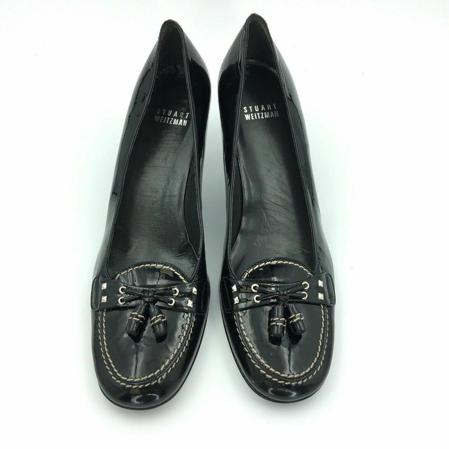 Stuart Weitzman Womens Size 8N Black Loafer Tassel Patent Leather Heels Shoes