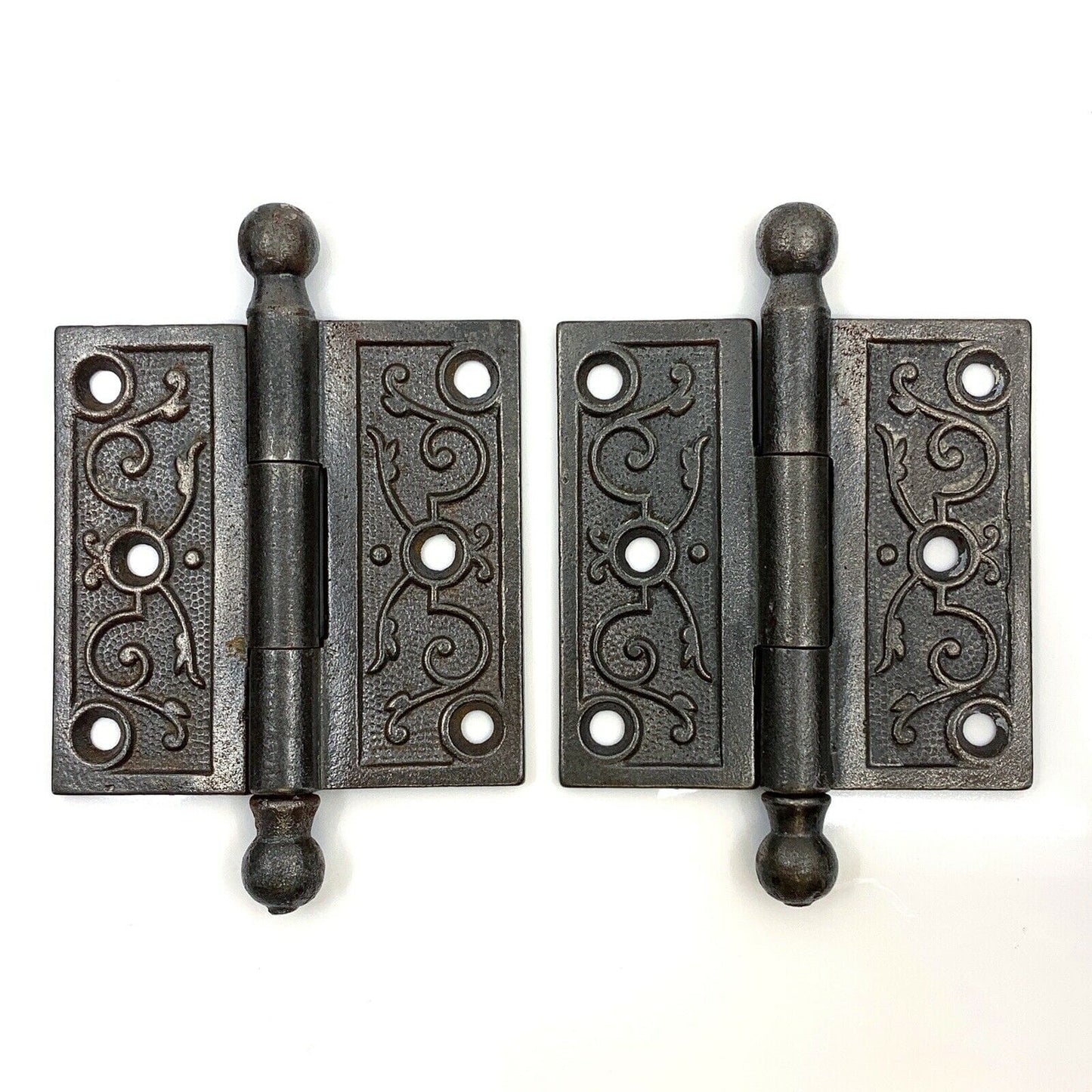 Pair of Antique Ornate Cast Iron Loose Pin Door Hinges 3", Ball Finial Tips