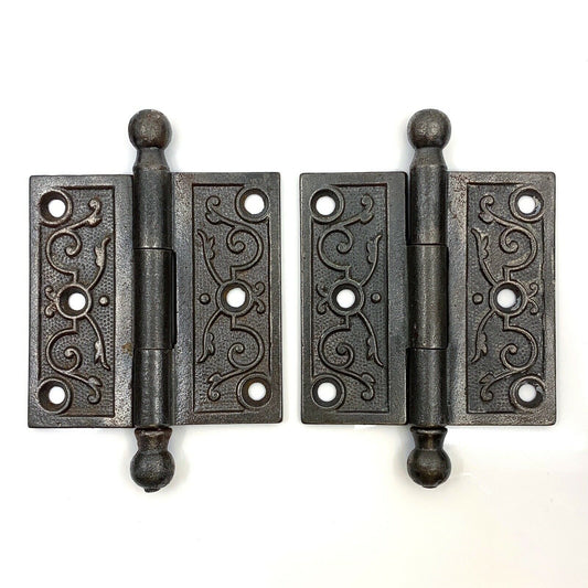 Pair of Antique Ornate Cast Iron Loose Pin Door Hinges 3", Ball Finial Tips